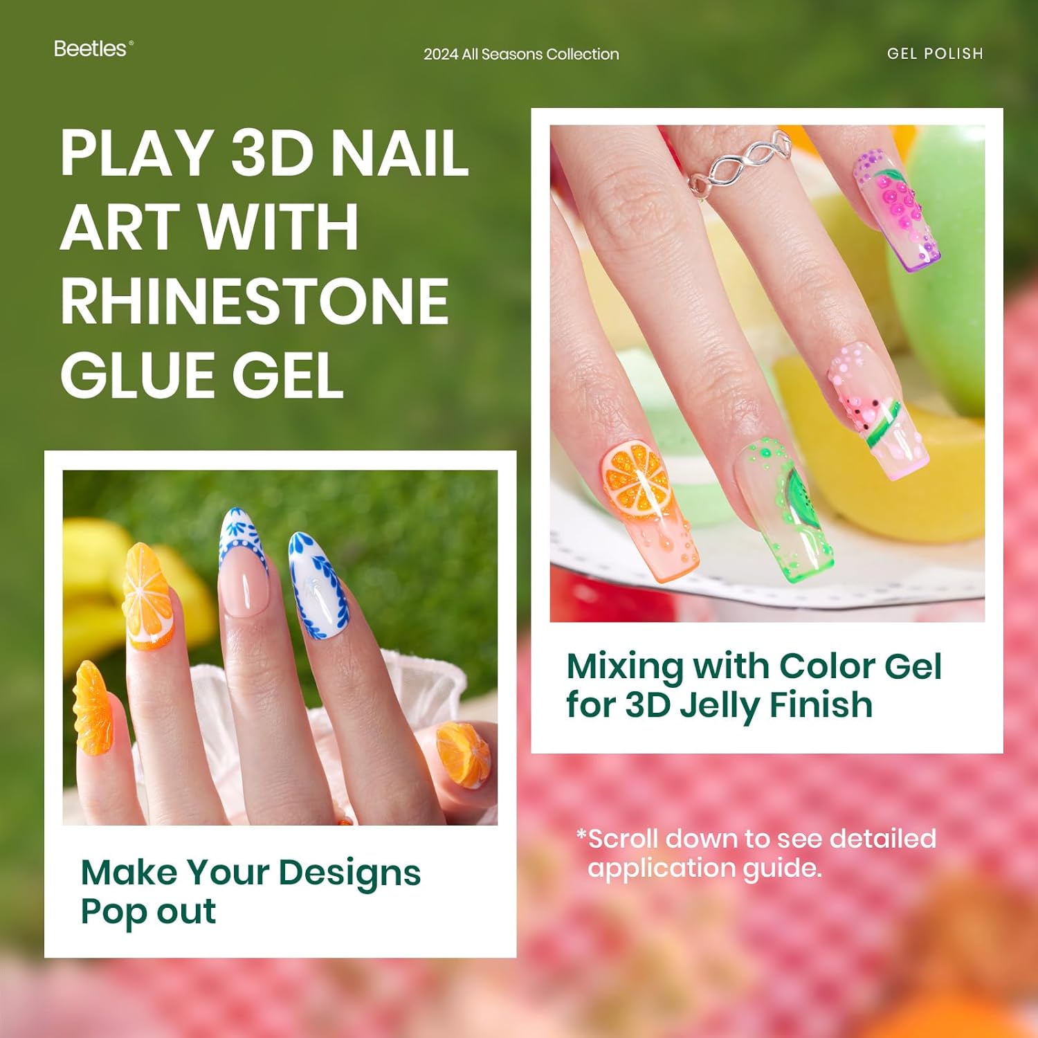 Beetles Gel Nail Polish Set-36 Colors Rainbow Nails Neon Juicy Picnic Party Collection & Rhinestone Gel Nail, 46Pcs Fruit Bubbles Nails Blue Green Pink Color with Top Base Coat Liner Brush - Image 4