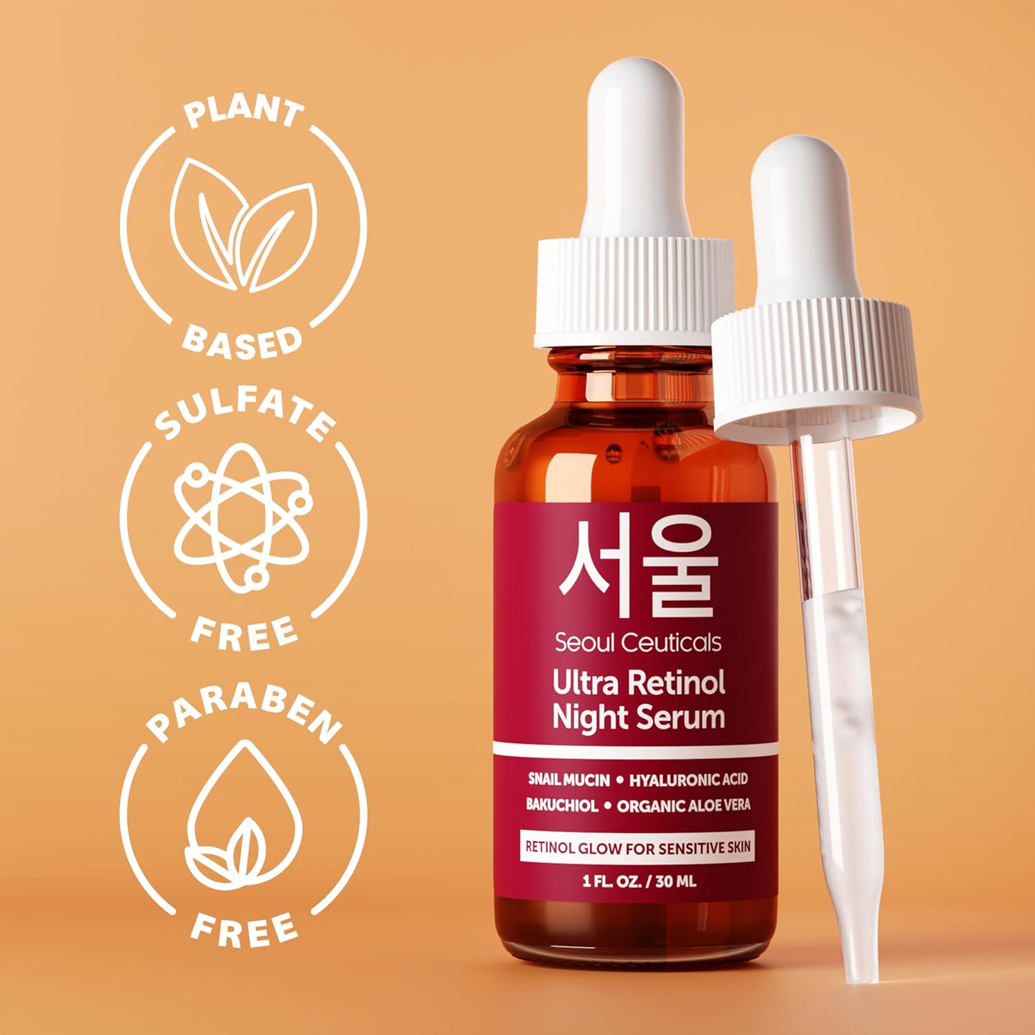SeoulCeuticals 1% Korean Retinol Night Serum for Face - 97.5% Snail Mucin + Hyaluronic Acid + Bakuchiol, Cruelty Free K Beauty for Sensitive Skin 1oz - Image 4