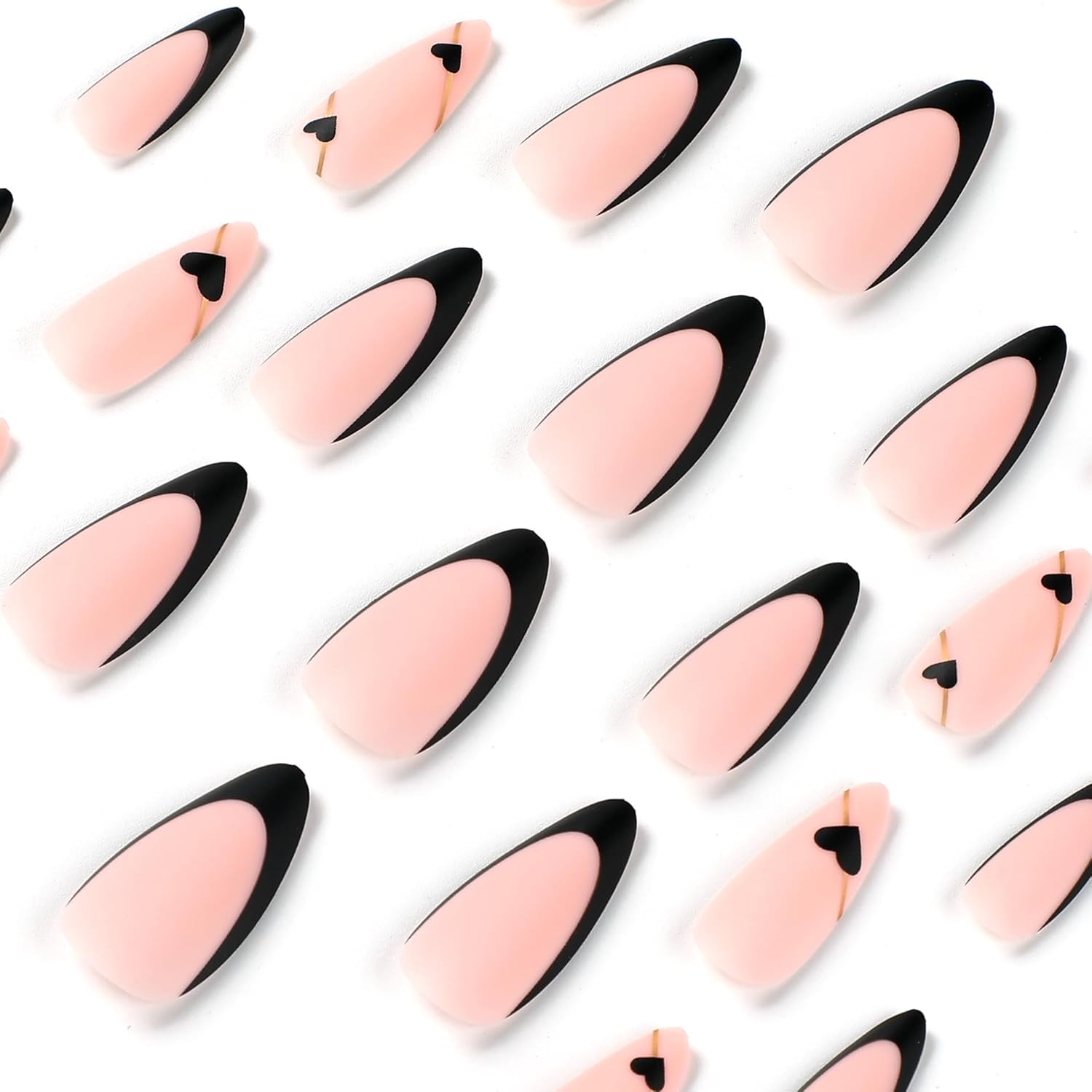 Black French Tip Press on Nails Almond Medium Fake Nails Heart False Nails with Gold Line Design Glue on Nails Reusable Acrylic Nails Full Cover Stick on Nails for Women Manicure 24Pcs - Image 3