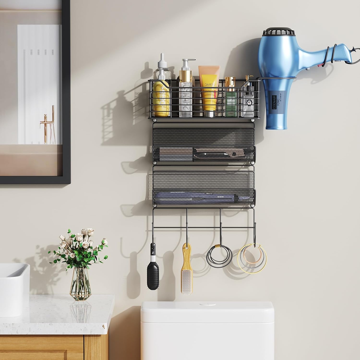 VITVITI Metal Hair Tool Organizer Wall Mount, Hair Dryer Holder with 3 Tier Shelf Basket Hooks, Bathroom Hair Styling Tool Organizer for Curling Iron/Blow Dryer/Straightener, Matte Black - Image 2