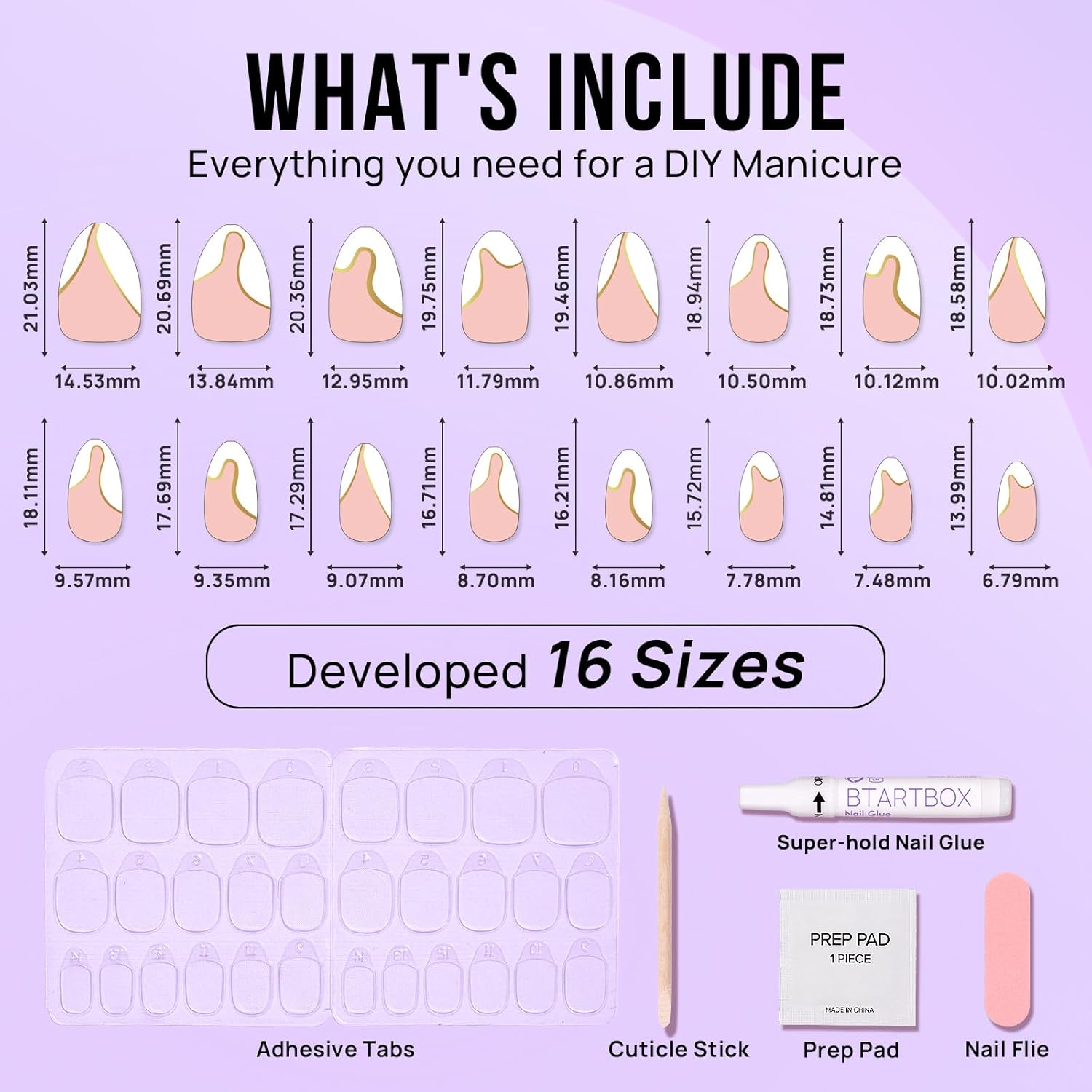 BTArtbox Press On Nails Almond - Designed White French Tip Press On Nails Short with Gold Foil, Glue On Nails for Winter Day Gifts, Stick On Nails in 16 Sizes - 30 Nail Kit, Tiny Gloden - Image 5