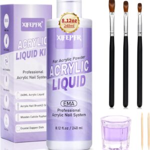 Monomer Acrylic Nail Liquid 8.12fl.oz with 3 Size Acrylic Brushes for Acrylic Powder, MMA-Free Non-Yellowing EMA Monomer Liquid for Acrylic Nail Extension & Carving, DIY Home & Nail Salon Use