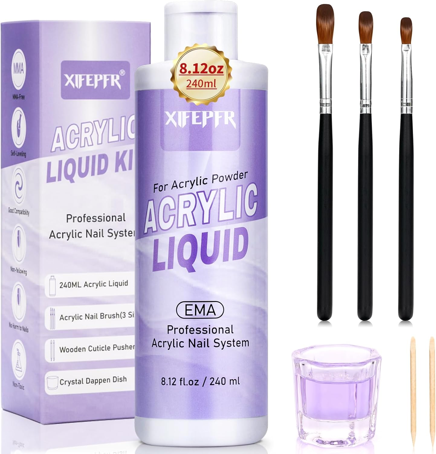 Monomer Acrylic Nail Liquid 8.12fl.oz with 3 Size Acrylic Brushes for Acrylic Powder, MMA-Free Non-Yellowing EMA Monomer Liquid for Acrylic Nail Extension & Carving, DIY Home & Nail Salon Use