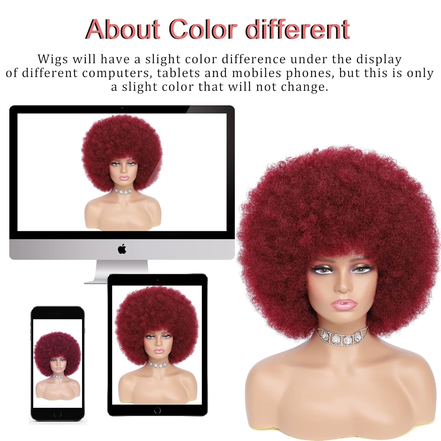 Afro Wig - Soft 70s Afro Wig For Women Burgundy Afro Kinky Curly Hair Wigs With Bangs Natural Dark Red Short Afro Curly Wig For Men Bouncy Afro Puff Wig Synthetic Hair Afro Wig For Daily Party Use - Image 6