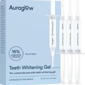 Auraglow 16% Overnight Teeth Whitening Gel Syringe Refills, 16% Carbamide Peroxide, Overnight Teeth Whitening Gel, 30 Whitening Treatments, (3) 5mL Whitening Gel Syringes, Contains Potassium Nitrate
