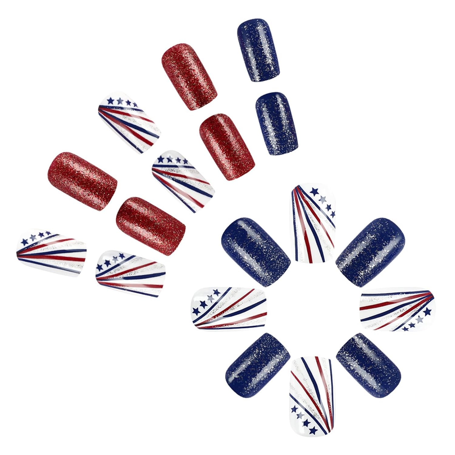 24Pcs Independent Day Press on Nails 4th of July Medium Square Coffin Fake Nails Red Blue Glitter Full Cover Glossy Acrylic nails False Nails Colorful Line Star Glue on Nails Manicure Decor - Image 3