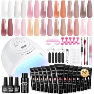 JEWHITENY 14 Colors Poly Extension Gel Nail Kit With U V Lamp Nude Pink White Brown All In One Poly Gel Starter Kit With Base Top Coat Manicure Salon Frence Nail Art DIY