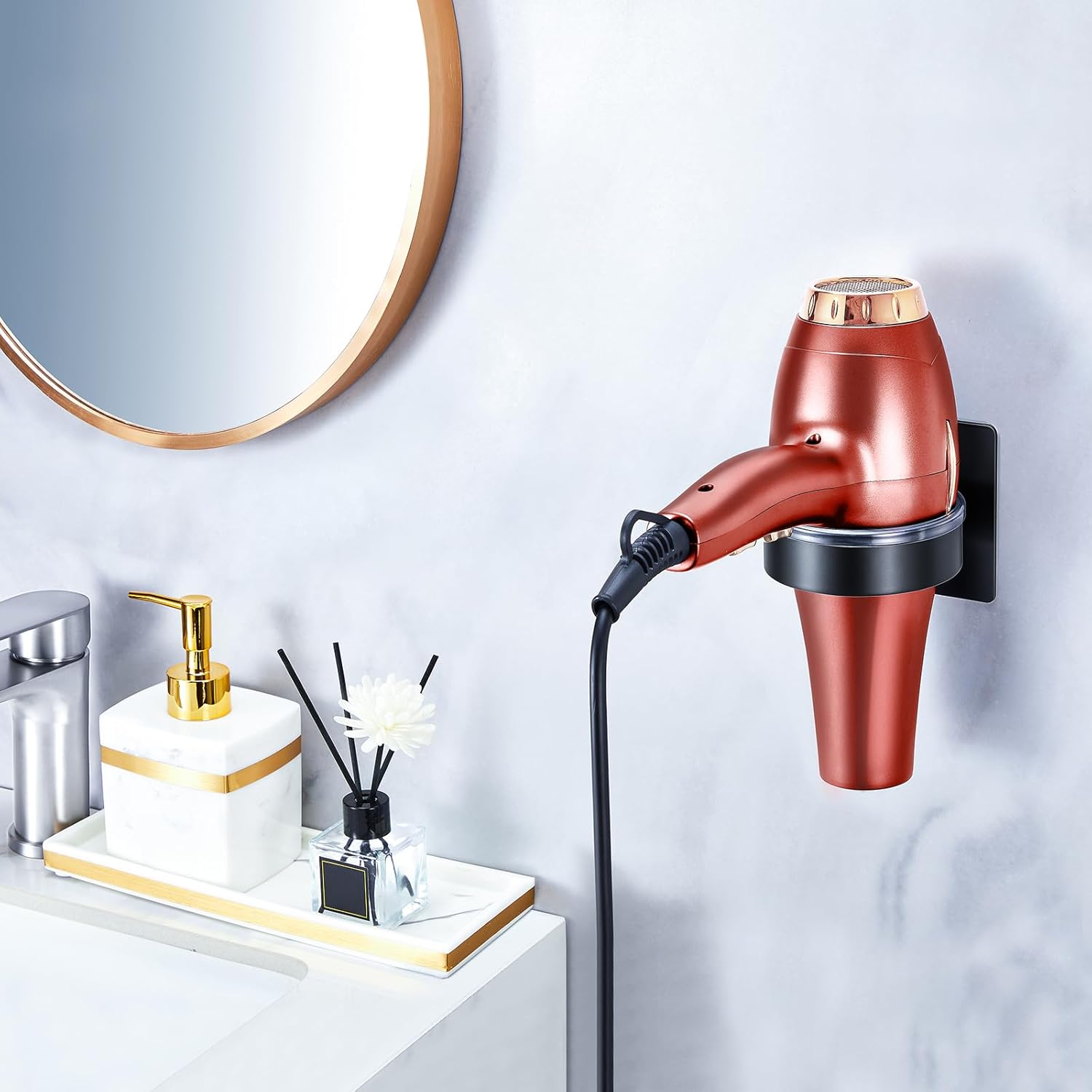 Hair Dryer Holder, Black Blow Dryer Holder Wall Mounted, Hairdryer Holder for Bathroom, Adhesive Hair Tool Organizer for Hair Dryer Storage Organizer, Stainless Steel Hair Dryer Hanger - Image 2