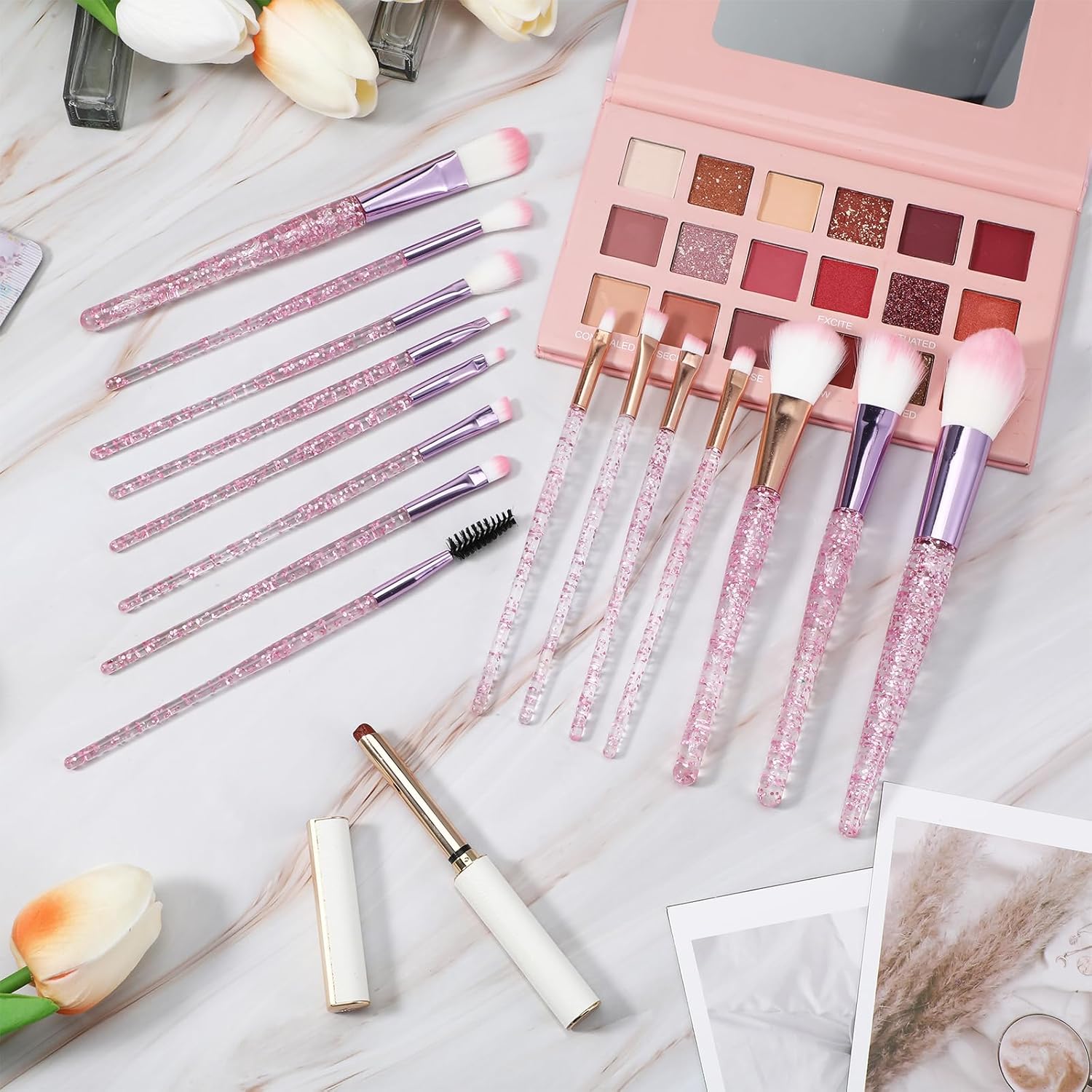 15Pcs Pink Makeup Brushes Set, Glitter Crystal Cute Makeup Brush Eye Shadow Brushes Kit Professional Face Foundation Concealer Liquid Make up Beauty Eyeliner Lip Cosmetic Brush Set for Women - Image 7