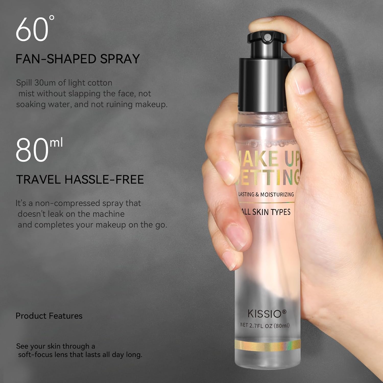 KISSIO Makeup Setting Spray,Long Lasting Setting Mist for 16HR Makeup Wear,Lightweight,Hydrating and Soothing,Fine Mist,Natural Finish for All Skin Type,2.7 FL OZ - Image 2