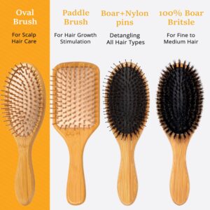 Bamboo Brush for Hair Growth - Natural Bamboo Brush Set for Women, Men & Kids - Detangling Oval Hairbrush for Scalp Massage & All Hair Types