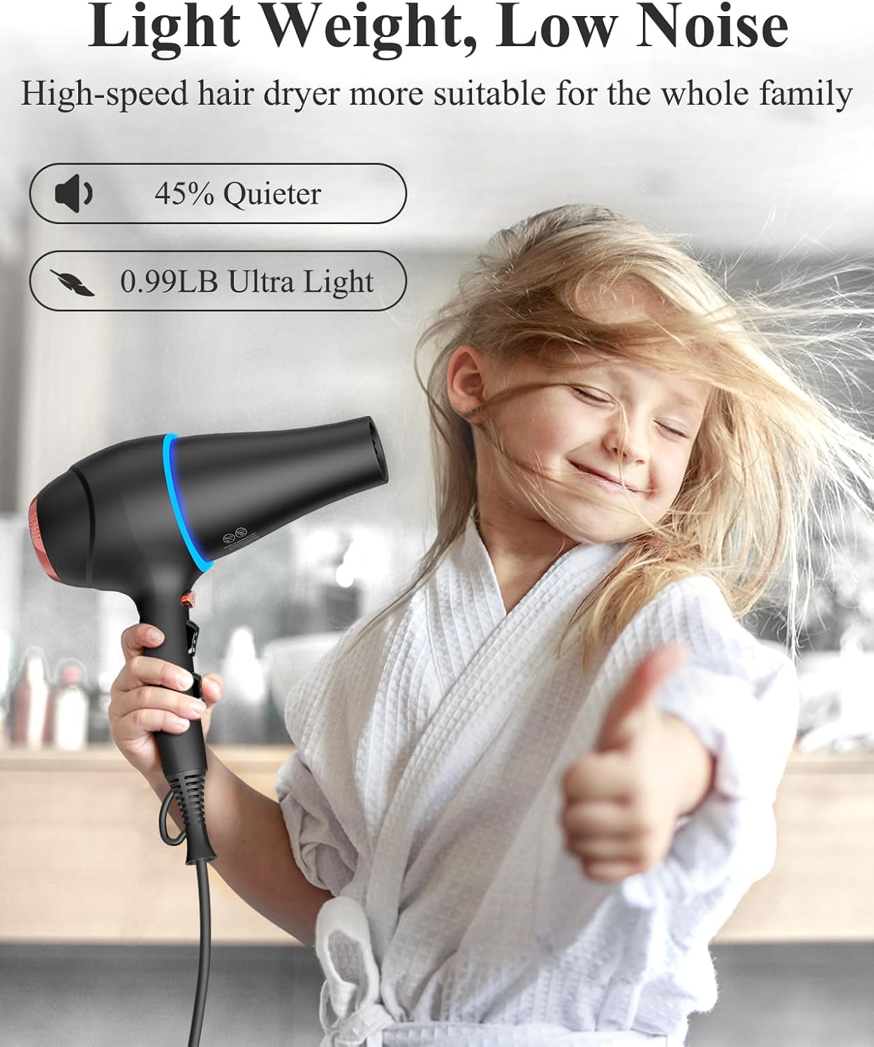 Hair Dryer with Diffuser, Professional Ionic Hair Dryer with Blue Light AC Motor, 2000W Fast Drying Hair Blow Dryer Low Noise Care Hairdryer for Women (Black with 2*Nozzle+Diffuser) - Image 7