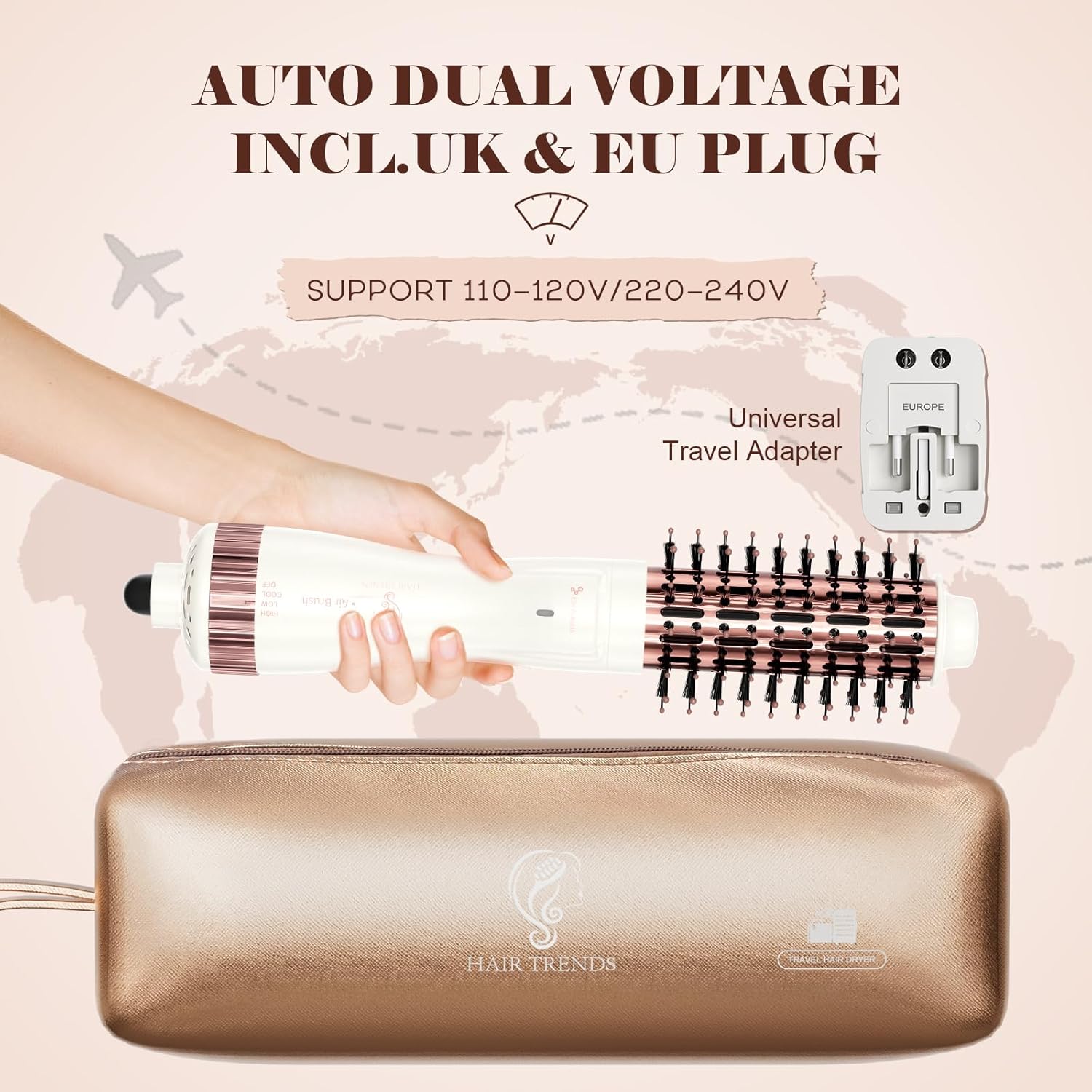 Dual Voltage(110~250V) 1.8 Inch Barrel Round Brush Blow Dryer, Hair Dryer Brush with European Plug Adapter, 4-in-1 Negative Ionic One Step Volumizer Dryer- 2.8 Inch Include Bristles - Image 3