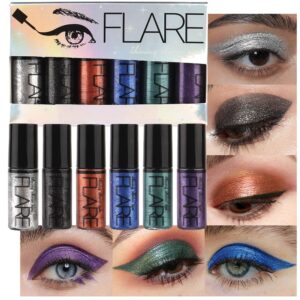 evpct 6 Colors Liquid Glitter Shimmer Metallic Sparkle Eyeshadow Set C, Glitter Dazzling Silver Black Bronze Blue Cyan Violet purple Liquid Eyeshadow Makeup Palette