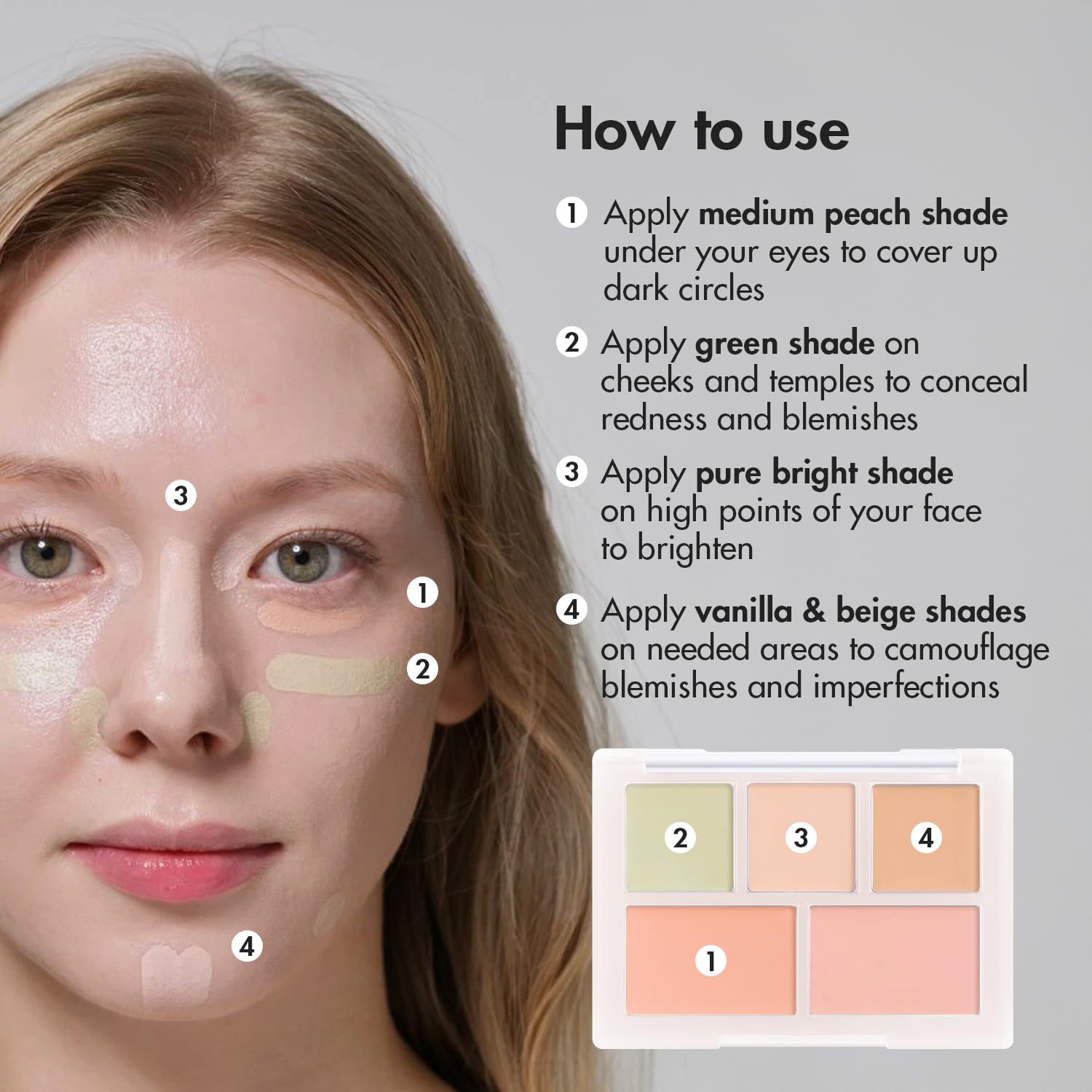 LUNA Conceal Blender Palette 5-in-1 Color Correcting and Concealing Makeup with Beige, Green, Vanila, Medium Peach and Pure Bright Buildable Coverage for Redness, Dark Circles and Blemishes - Image 6