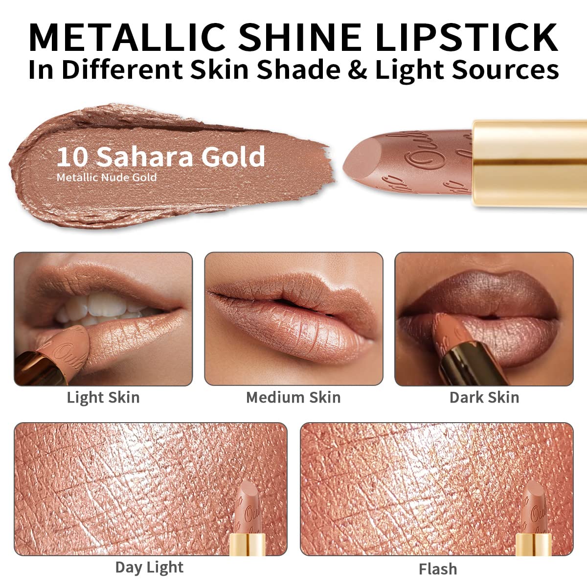 Oulac Nude Lipstick for Women with Metallic 3D Shine Lightweight Hydrating Formula, High Impact Lip Color, Vegan Beauty, Full Coverage Lip Makeup, Christmas Gifts for Women, Sahara Gold(10) - Image 6