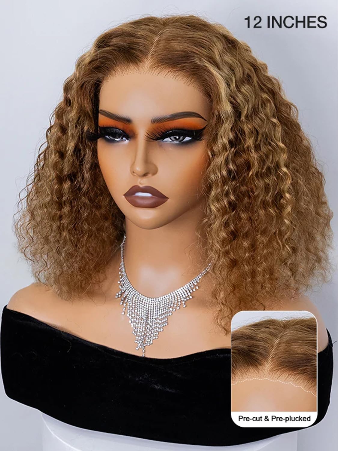 ORIGINAL QUEEN Highlight Blonde Wear and Go Glueless Wigs Human Hair Pre Plucked Pre Cut, 5x7 OQ Hair Glueless Wigs 4/27 Water Wave Short Curly Bob Wig Human Hair for Women 4/27 Color 12Inch - Image 2