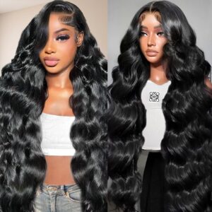 32 Inch Real Human Hair Wigs 200 Density 13x6 Lace Front Wigs Human Hair Natural Black Body Wave Lace Front Wigs Human Hair Pre Plucked With Baby Hair HD Transparent Lace Frontal Wigs Glueless Wig