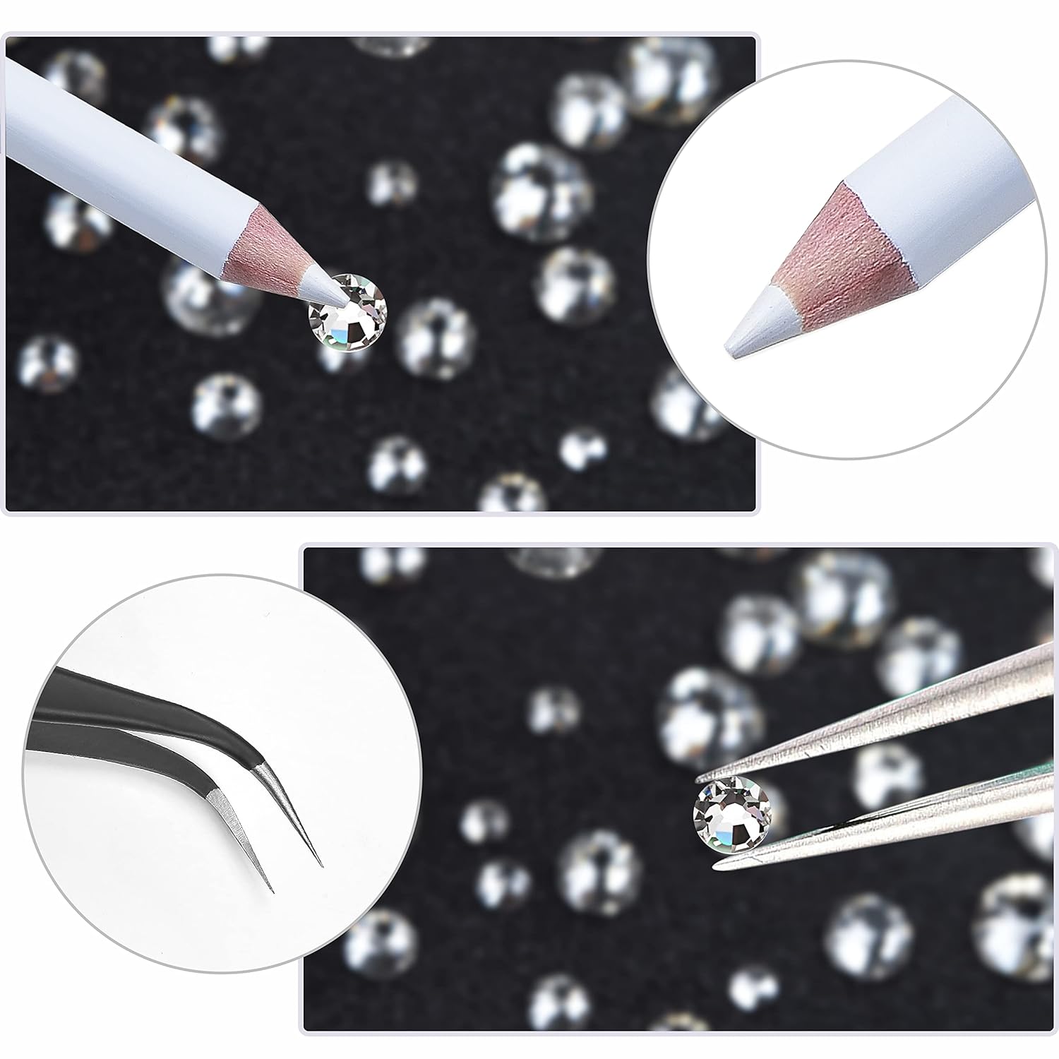 Nail Art Rhinestones Kit HUETFAT 2400pcs Nail Gems Crystal Clear Flatback Rhinestones Gems Stones, with Storage Organizer Box/Wax Pencil/Tweezers 6 Sizes (1.9-4.5 mm) for Nail Art Craft - Image 5