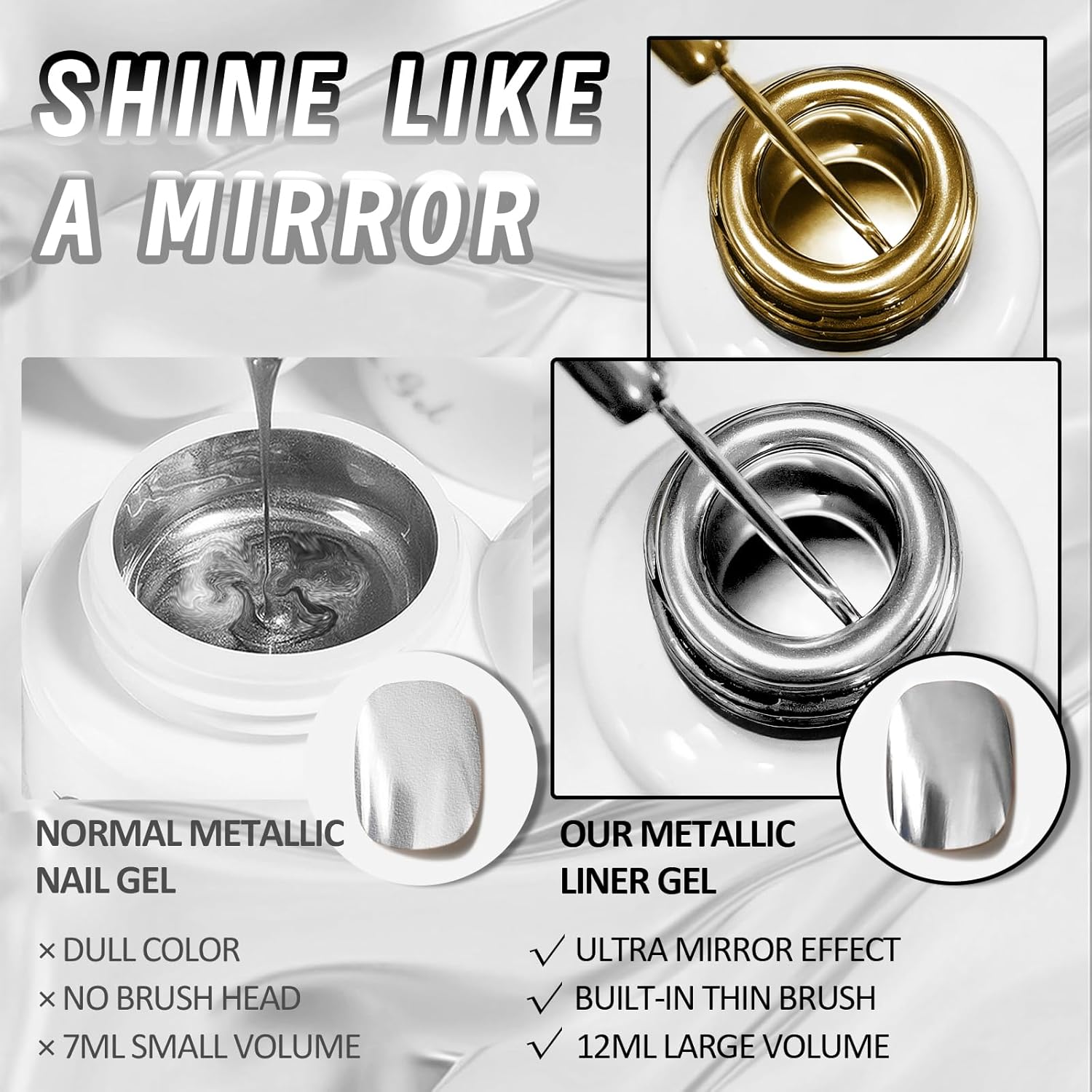2x12ml Metallic Mirror Nail Polish, Ultra Mirror Silver & Gold Metal Painted Drawing with Thin Brush, Chrome Gel Polish Nail Art Gel Liner Soak Off DIY - Image 5