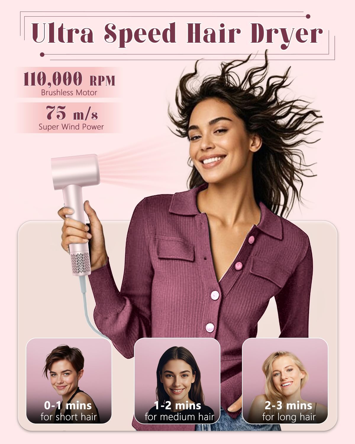 YEEGOR Hair Dryer,110000 RPM High-Speed Blow Dryer with Brushless Motor for Fast Drying, Professional Ionic Hair Dryer Hair Care for Travel|Home,Magnetic Nozzle for Women,Pink - Image 2