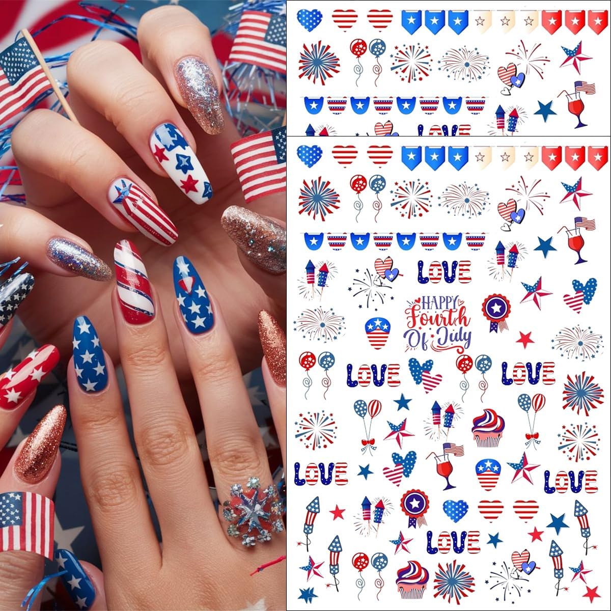 6 Sheets 4th of July Nail Stickers for Nail Art 3D Self Adhesive Independence Day Nail Art Stickers American Flag Stars Letters Fireworks USA Nail Decals Fourth of July Design Sticker for Women - Image 5