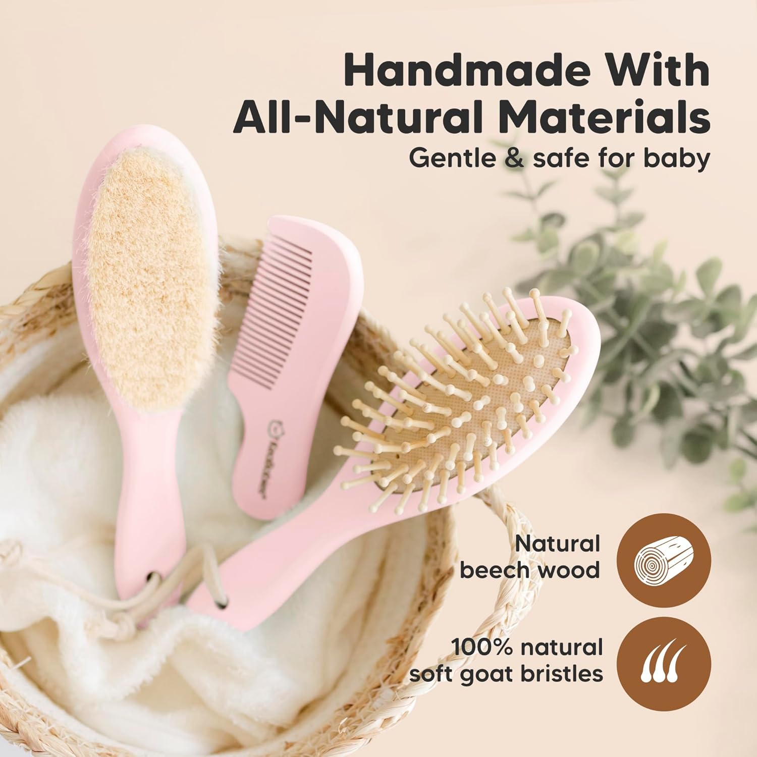 Baby Hair Brush and Comb Set for Newborn - Wooden Baby Hair Brush Set with Soft Goat Bristle, Baby Brush Set for Newborns, Baby Brush and Comb Set Girl, Boy, Toddler Cradle Cap Brush (Oval, Blush) - Image 4