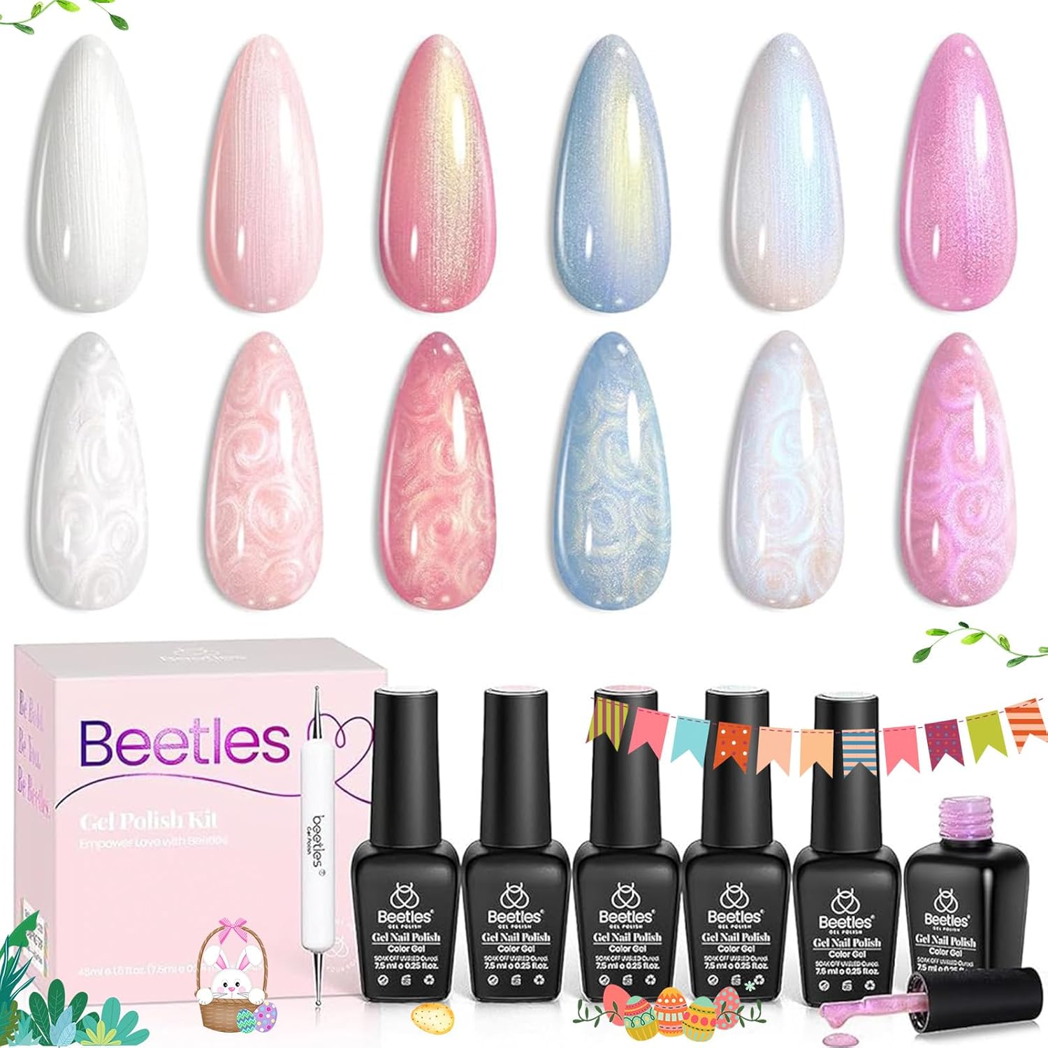 Beetles Shimmer Glitter Gel Nail Polish Set, 6 Colors Pearl White Gel Nail Polish Mermaid Soak Off Uv Led Summer Pink Blue Polish Swirl Thread Effect DIY Manicure Art Gift for Women - Image 8
