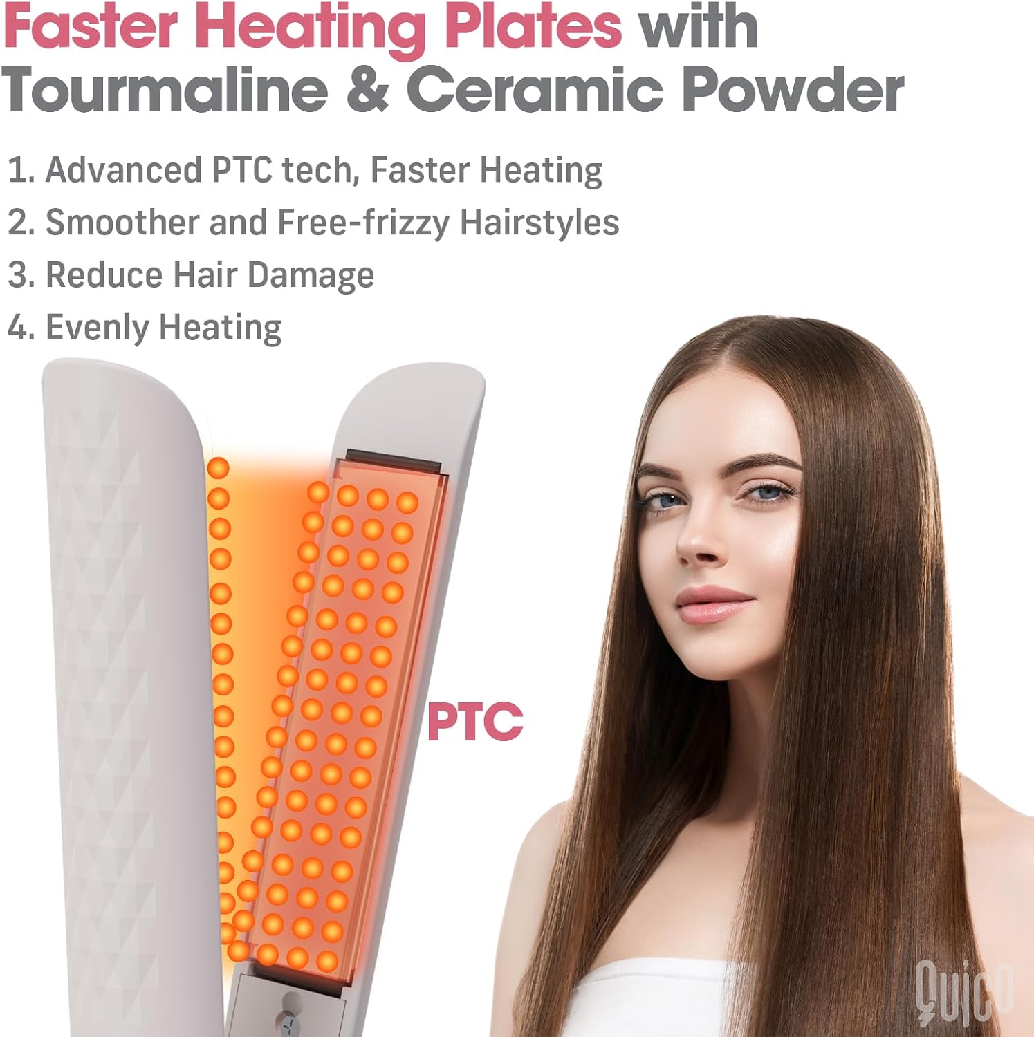 Quico Hair Straightener, 110-240V Global Travel Hair Straighteners for Women, 15s Fast Heating, Professional Negative Ion Flat Iron, Temp Memory, 320℉-450℉, Auto-Off, with Glove and Clips, Gift, Pink - Image 3