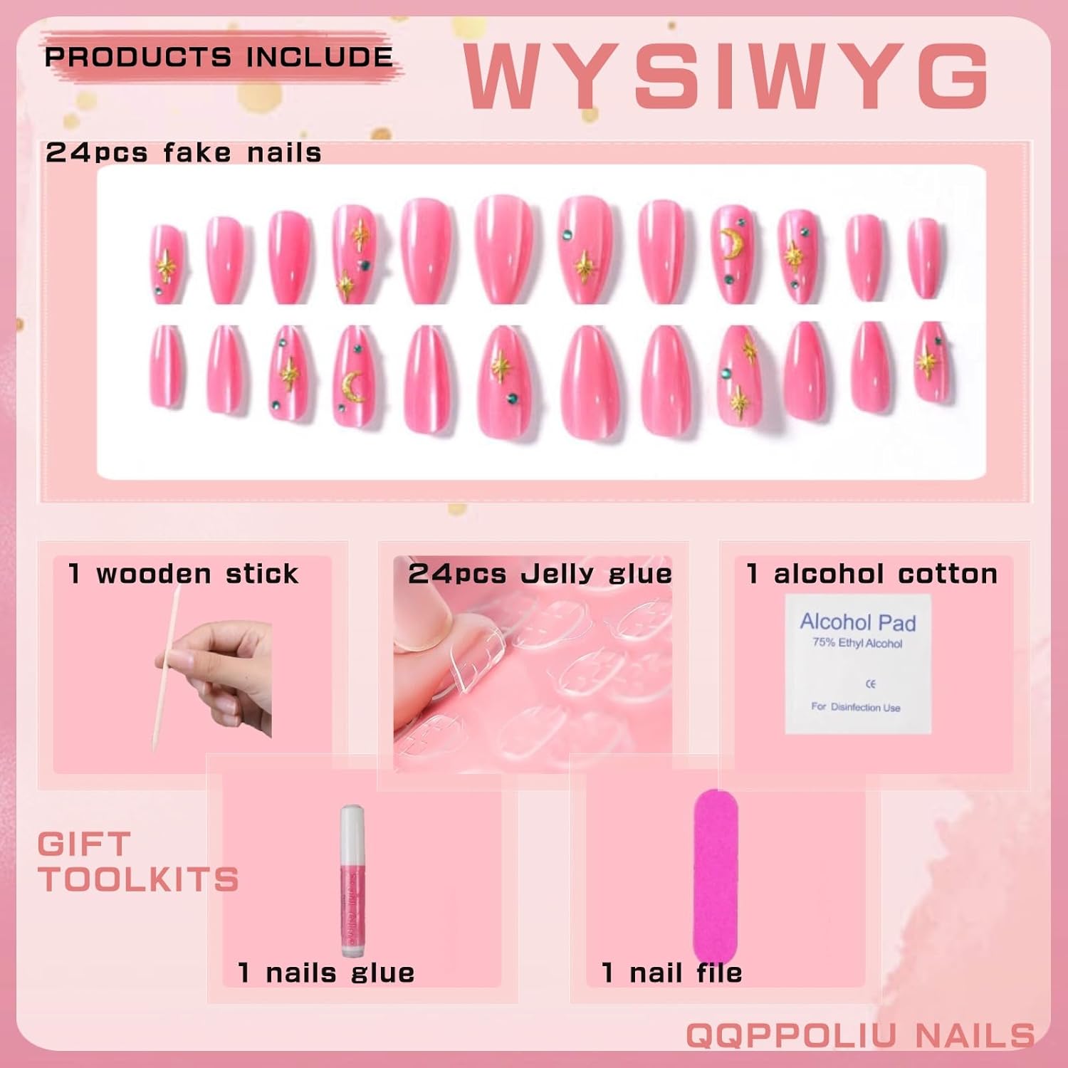 Almond Press on Nails Medium Press on Nails Pink Fake Nails Bubblegum Pink Glue on Nails with Star Design Acrylic Nails Summer Nails for Women - Image 2