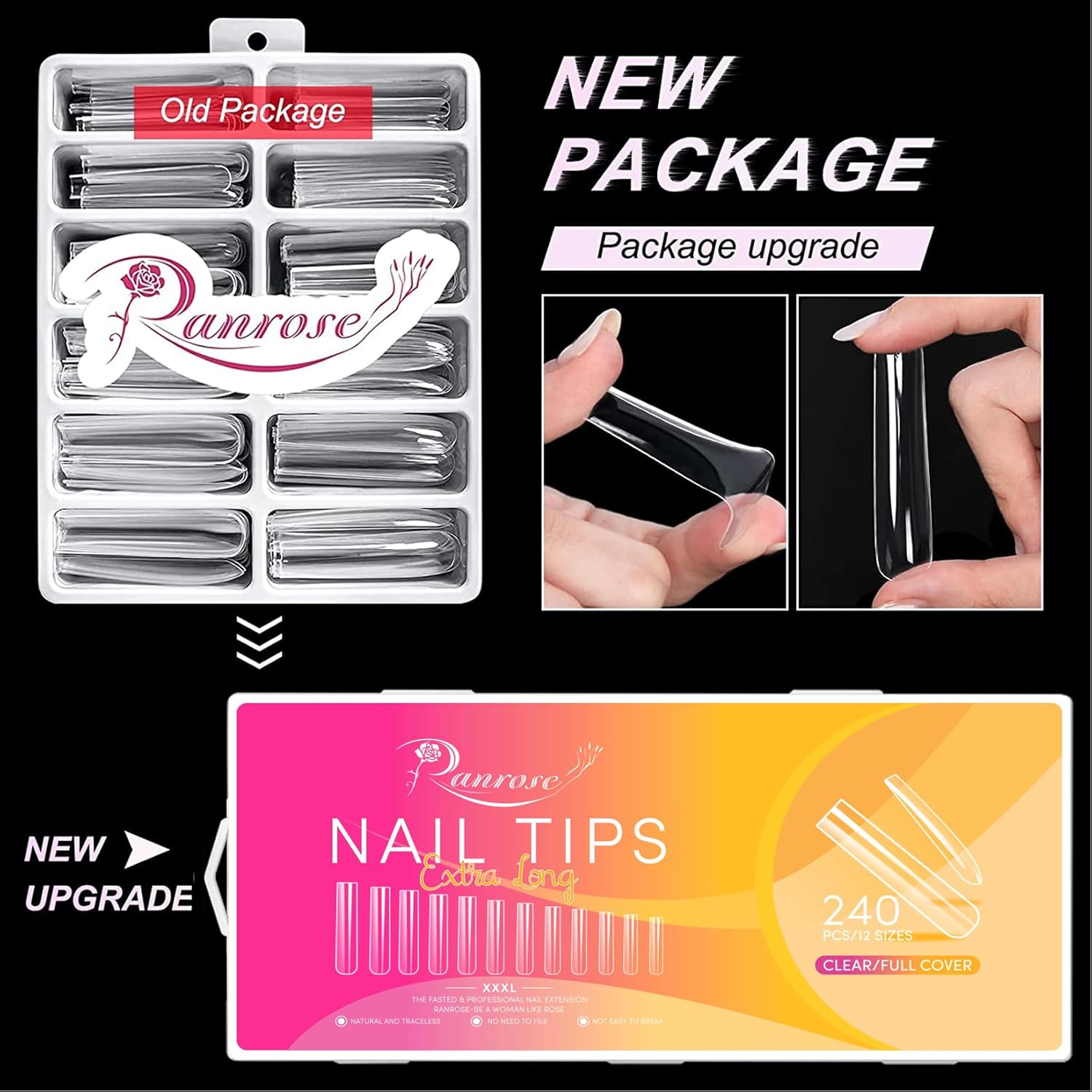 Ranrose Extra Long Nail Tips,240PCS XXXL Square Acrylic Tips Full Cover Clear Straight Tapered - Image 2