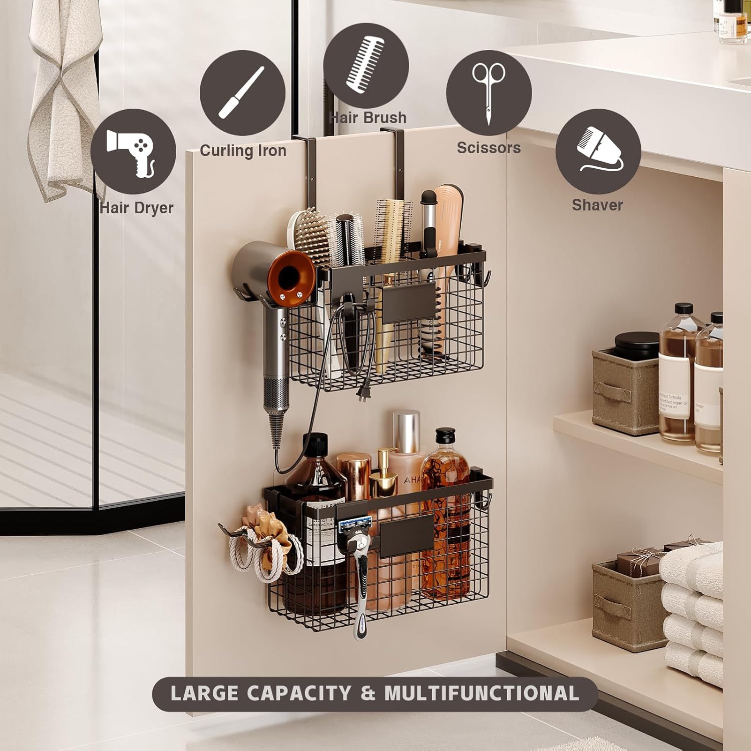 Hair Dryer Holder Cabinet Door 3-in-1 Adhesive Hair Tool Organizer Wall Mounted Adjustable Height Blow Dryer Holder Under Sink Bathroom Hair Appliance Organizer and Storage Countertop(Black) - Image 3