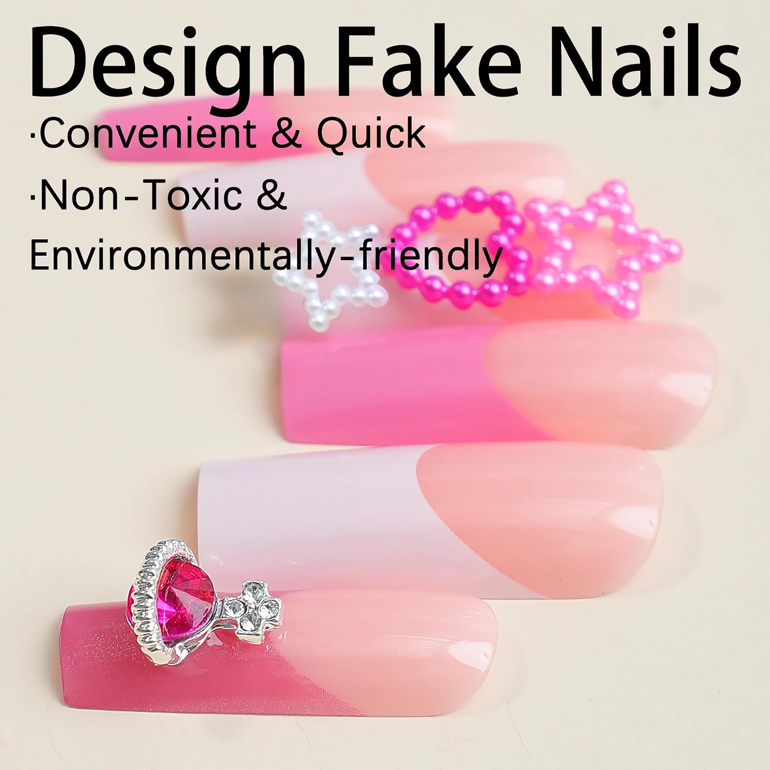 BABALAL Pink Press on Nails Long Square Fake Nails Cute Glue on Nails 3d Bear Candy Star Heart Strawberry Charm Acrylic Nails Rhinestone Squoval Manicure Stick on False Nails 24Pcs Nails Press on - Image 2