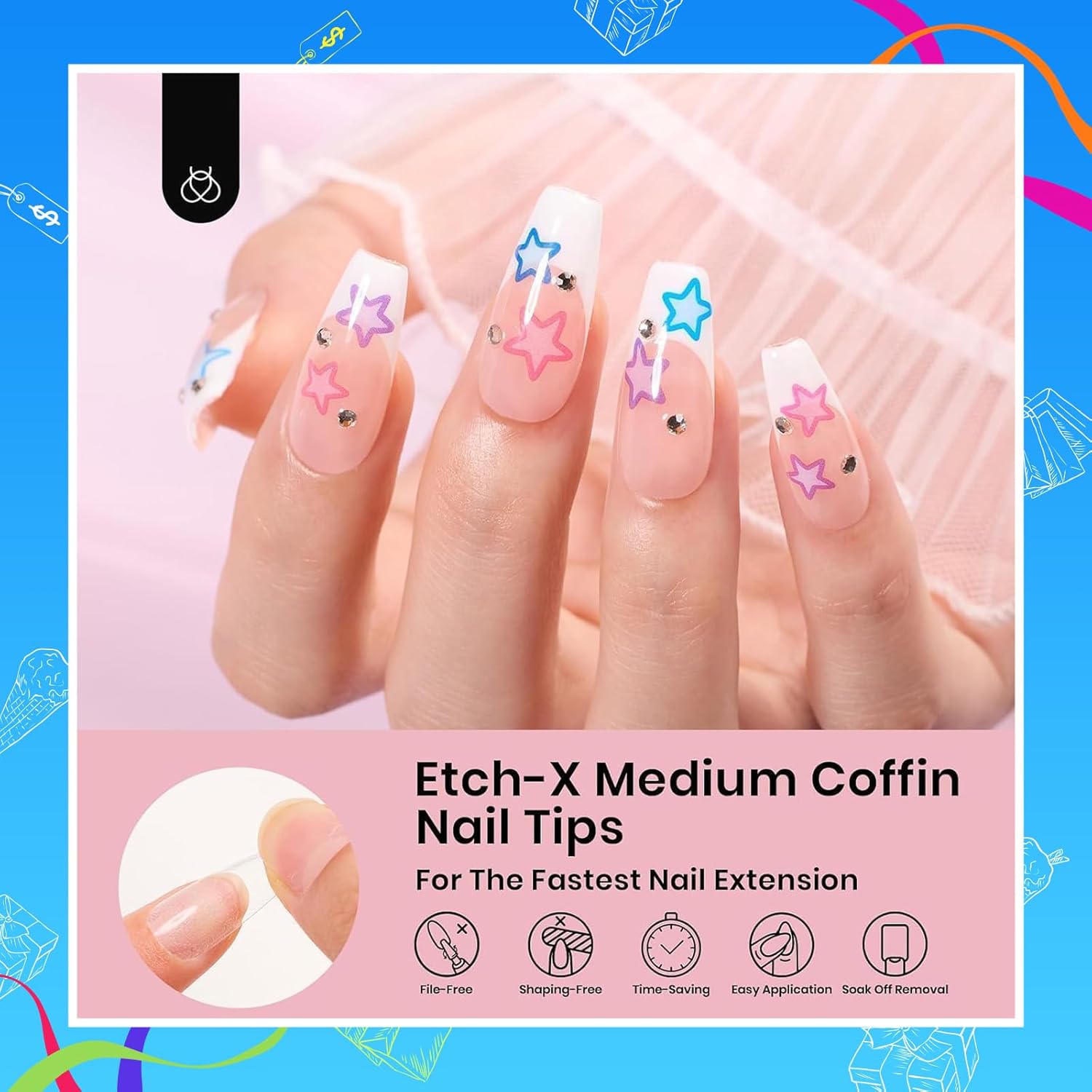 Beetles Gel Nail Tips Medium Coffin Etch X Nail Tips, 12 Sizes 288Pcs Pre Shaped Half Matte Press On Nails Full Cover False Nails for Pastel Spring Nails Acrylic Fake Nails Nail Extensions Kit - Image 2