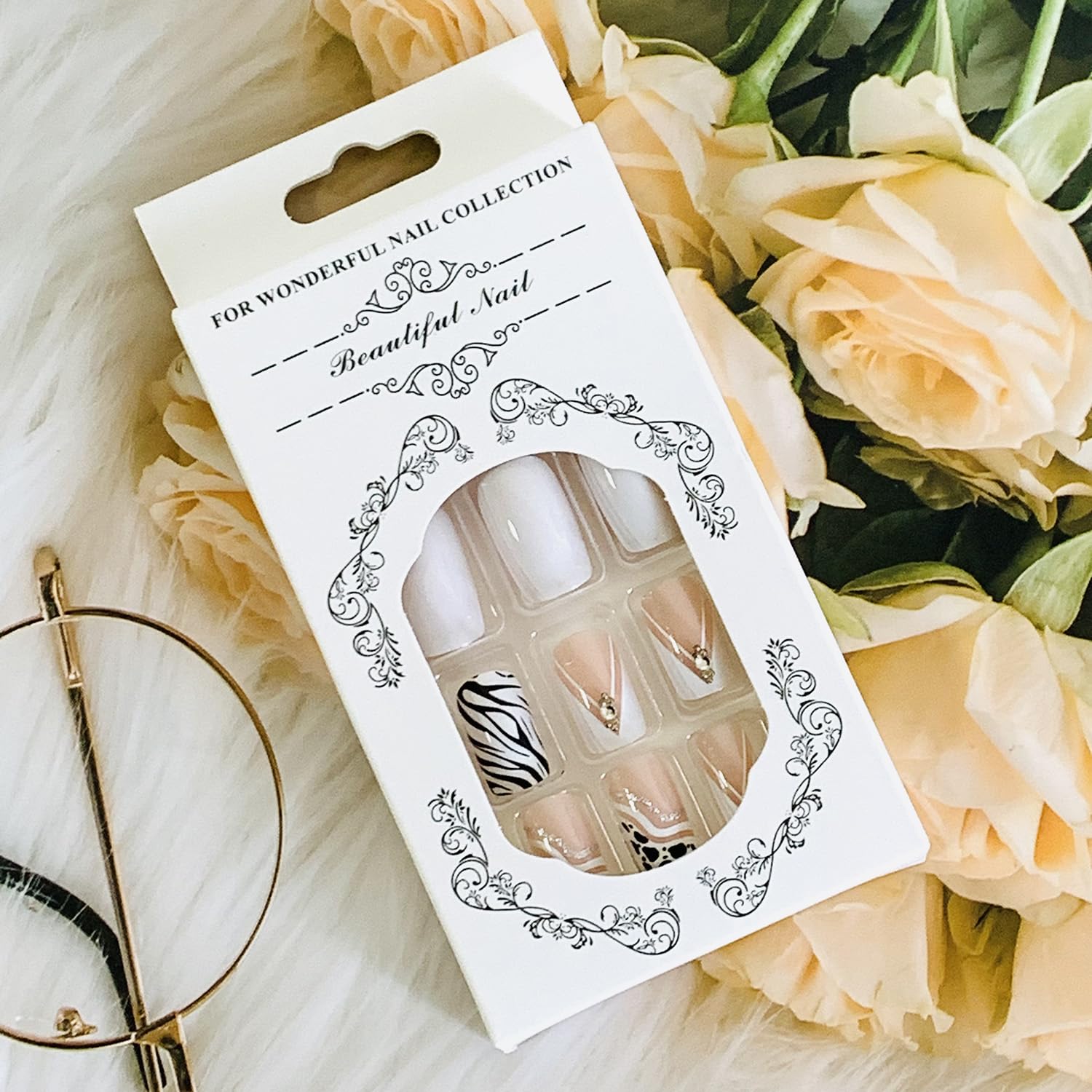 Press on Nails French 24Pcs Glossy Full Cover Medium Artificial Square False Nails with Cow Print Designs Glue Stick on Fingernails with Charm for Women Coffin Acrylic Fake Nails Sets - Image 6