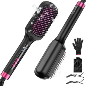 Hair Straightener Brush, 30s Fast Heated Negative Ionic Hair Straightening Brush, Global Voltage, 16 Temp Modes, Anti-Frizz & Anti-Scald & Auto Temperature Lock & Auto-Off Function-Black