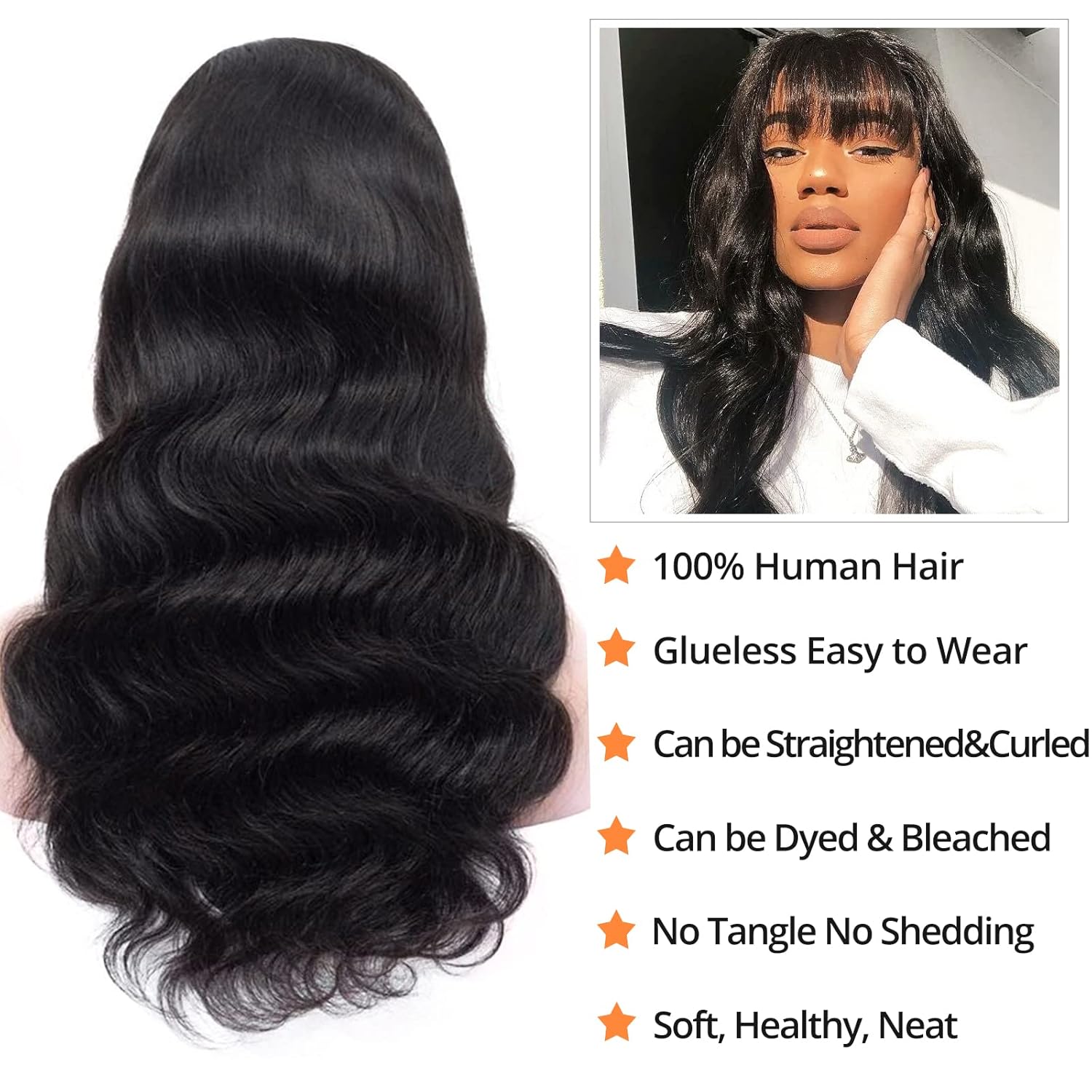 Body Wave Wigs with Bangs Human Hair Wigs for Black Women None Lace Front Wigs 150% Density Brazilian Virgin Hair Glueless Machine Made Wig Natural Color(20 Inch, Body Wave) - Image 2