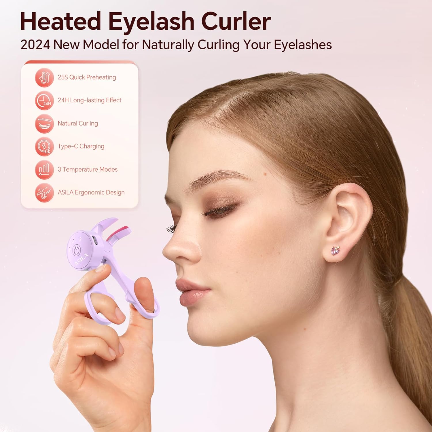 Heated Eyelash Curlers with 3 Heating Modes, C-Shaped Natural Curling, 24 Hours Long Lasting, Rechargeable Electric Eyelash Curler with Type-C, Anti-Burn Mini Lash Curler, Gift for Women Girls, Purple - Image 2