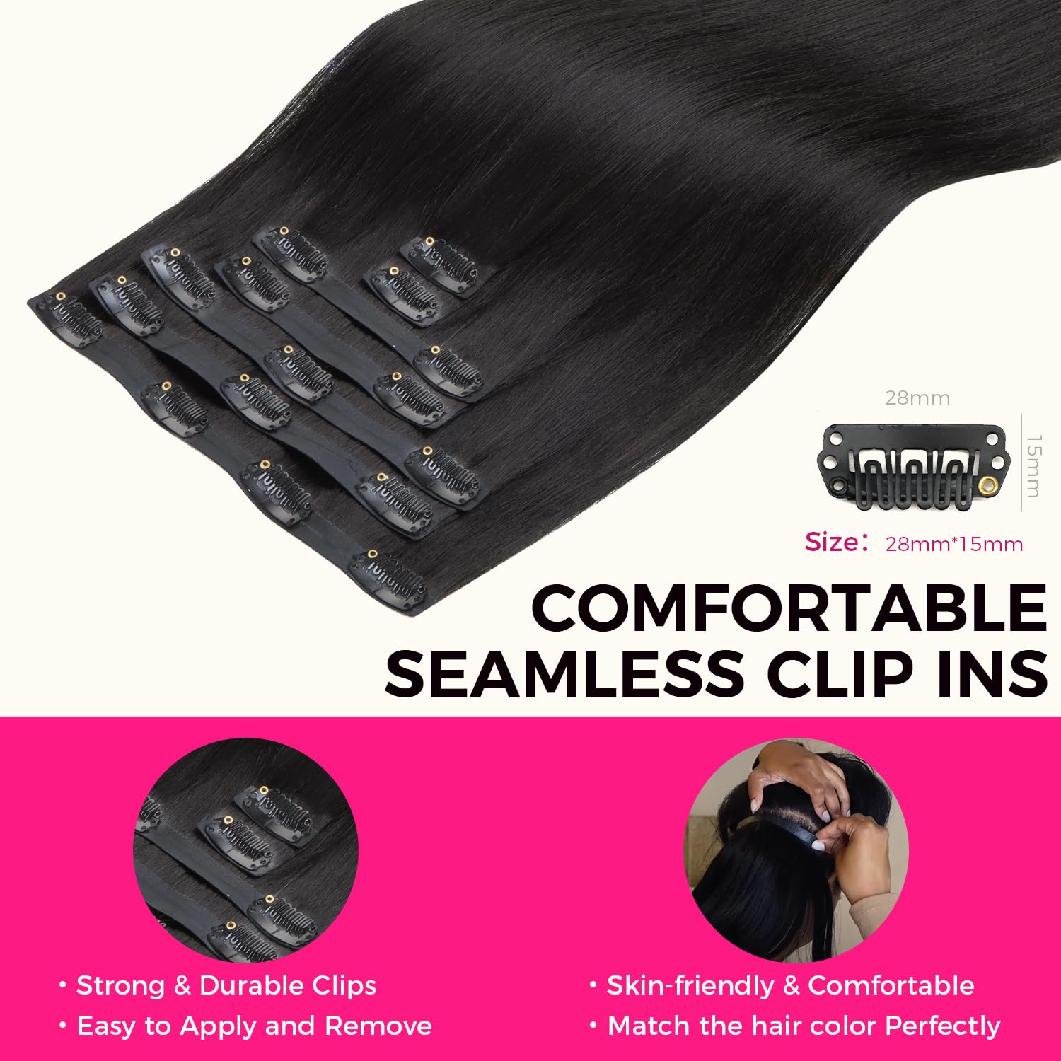 Lashey Seamless Clip in Hair Extensions Human Hair Light Yaki Straight Clip in Hair Extensions 16 Inch 7pcs 110g Natural Black PU Clip in Hair Extensions Human Hair for Women - Image 8