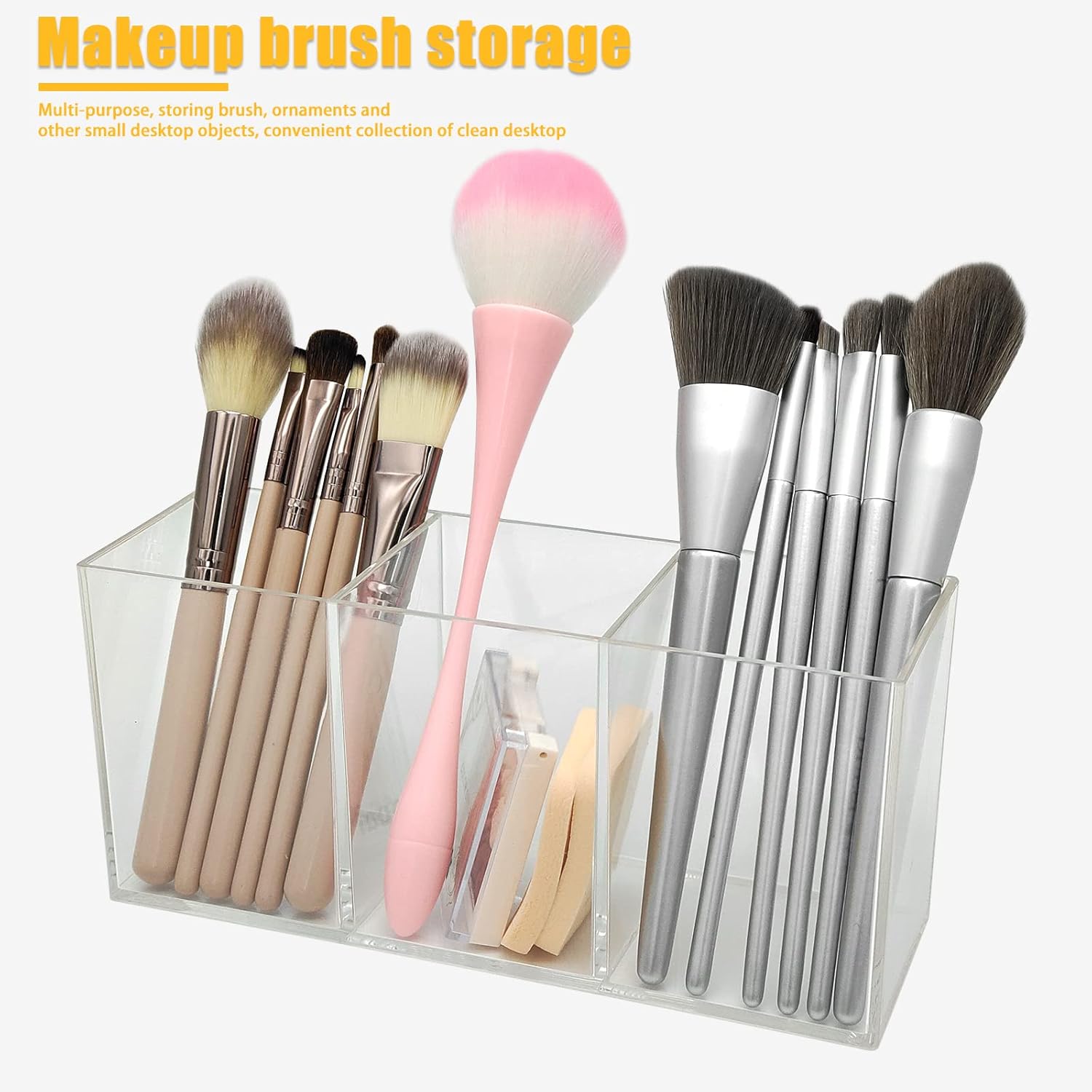 Clear Makeup Brush Organizer,Acrylic Cosmetic Brushes Storage Holder with 3 Slots,Pencil Pen Holder for Desk,Desk Organizer and Accessories for Vanity - Image 2