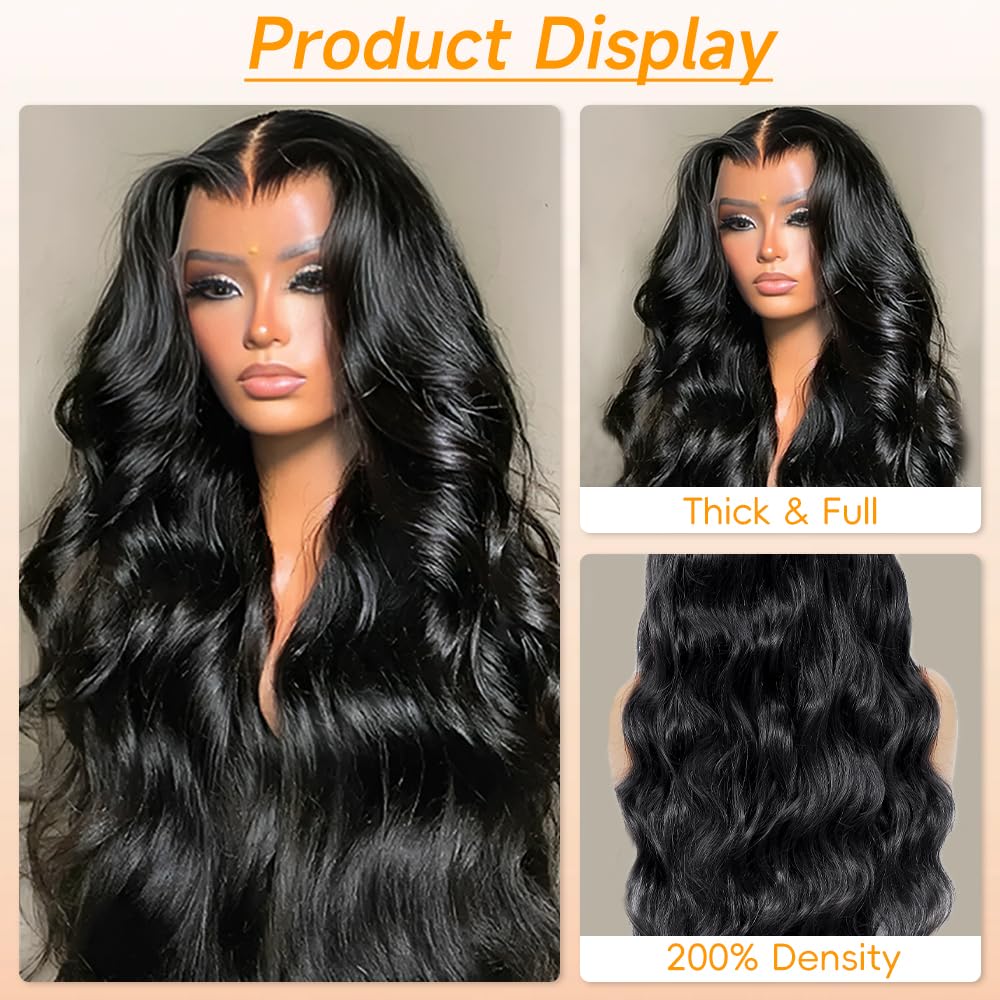 28 Inch Body Wave Lace Front Wigs Human Hair Pre Plucked 13x6 HD Lace Frontal Wigs Brazilian Virgin Human Hair 200 Density Glueless Body Wave wig with Baby Hair Natural Black - Image 5