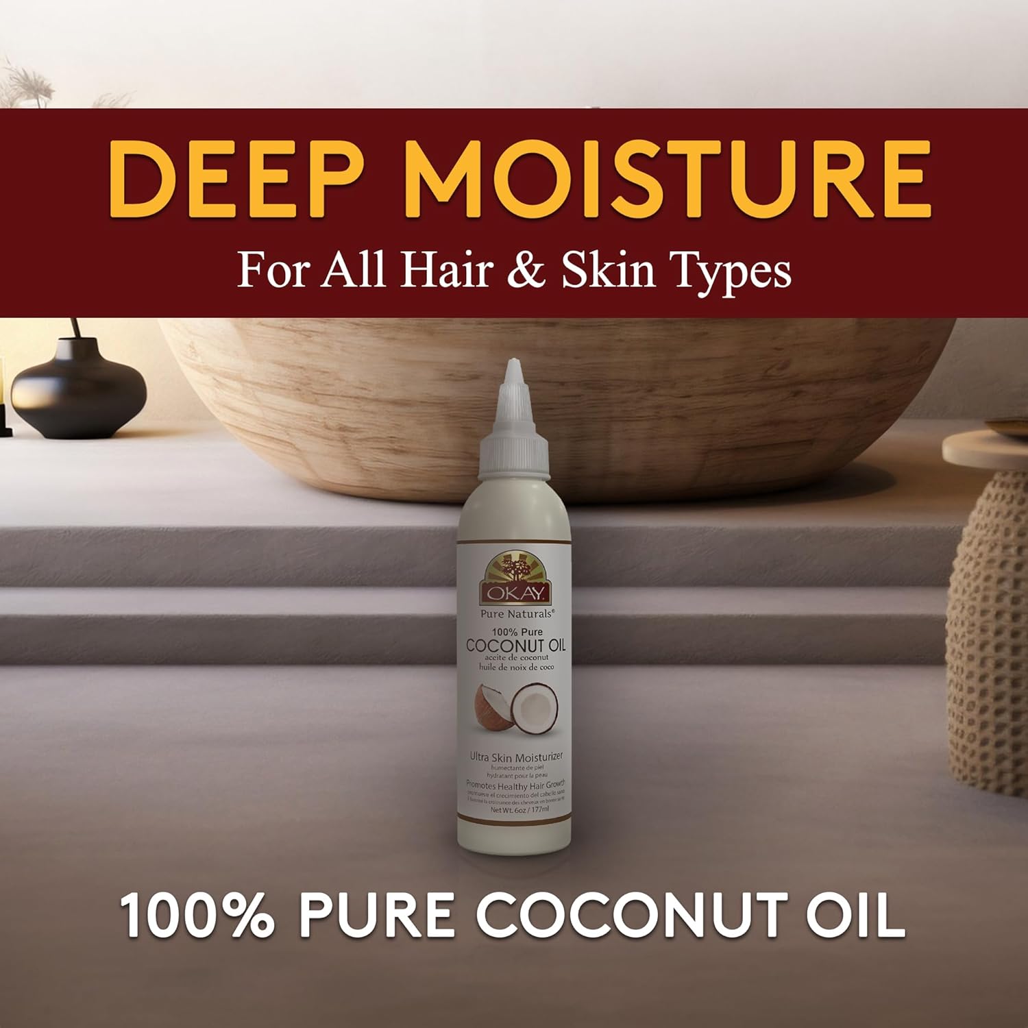 Okay 100% Pure Coconut Oil for Hair & Skin - Coconut Oil for Women & Men, Perfect for Body & Face, for Massage & Moisturizer, Natural - 6 Fl Oz Squeeze Bottle (Pack of 1) - Image 2