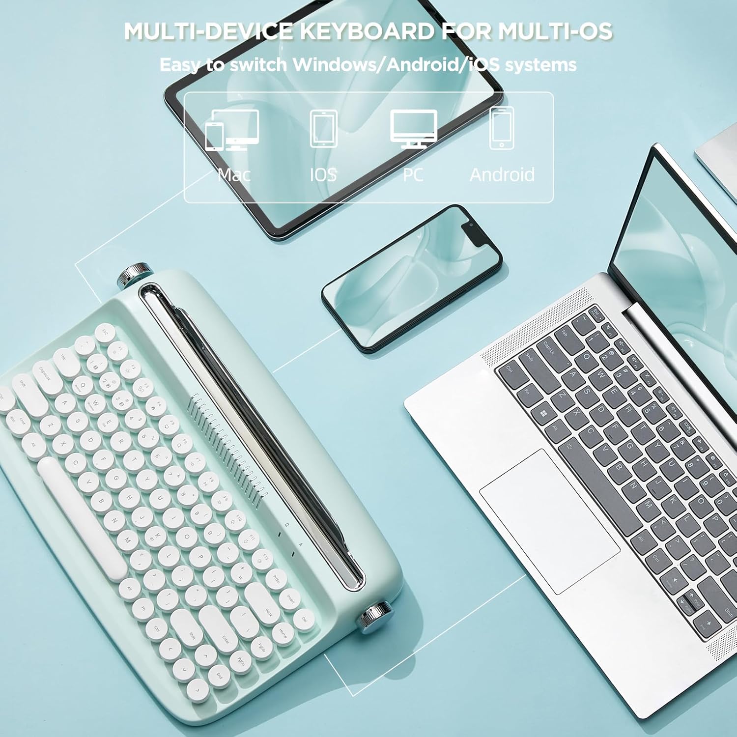 YUNZII ACTTO B303 Wireless Typewriter Keyboard, Bluetooth Connection, Cute Retro Aesthetic Design with Integrated Stand for Tablet, Phone, PC and Win/Mac/Android (B303, Sweet Mint) - Image 4