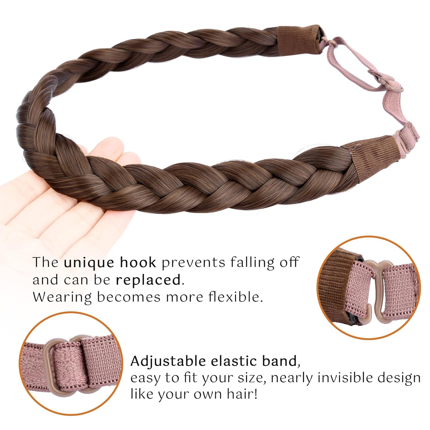 DIGUAN Synthetic Hair Braided Headband Classic Chunky Wide Plaited Braids Elastic Stretch Hairpiece Women Girl Beauty accessory, 55g aHairBeauty (#Chestnut) - Image 2