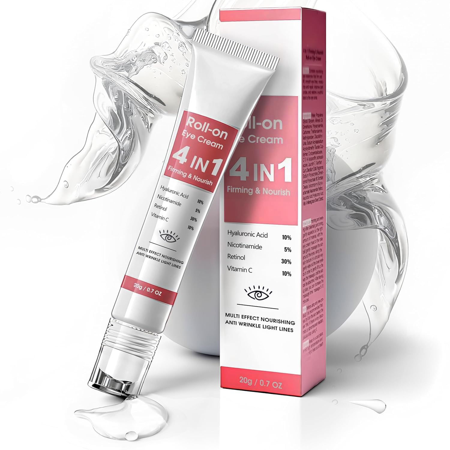 Eye Cream with 10% Hyaluronic Acid, 5% Nicotinamide, 30% Retinol, 10% Vitamin C for Puffy Eye Bags Fine Lines Dark Circles Wrinkles, Under Eye Cream with 360° Eye Roller Massage Ball, 0.7 fl. oz