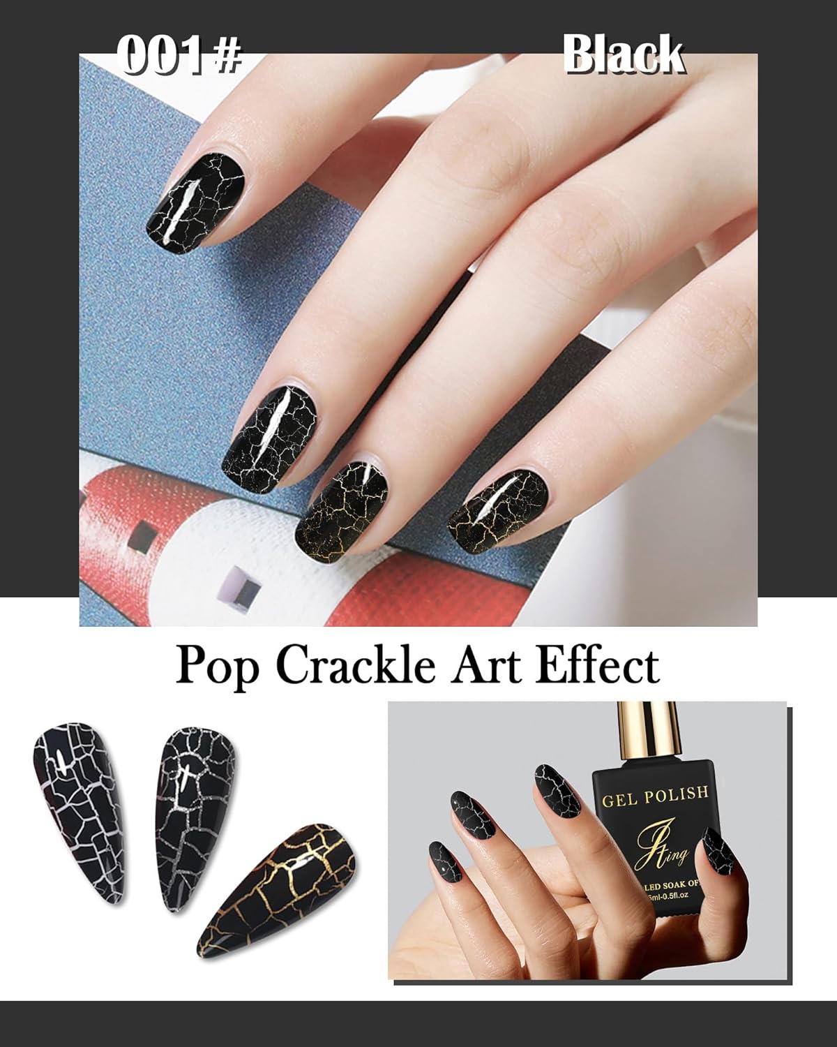 3D Crackle Gel Nail Polish,Magic Black Crackle Nail Gel Glue Polish,Unique Variegated Cool Crackle Pattern,Long-lasting Durable Natural Air-drying Styling,Home DIY Nail Gel Glue Polish for Women-12 - Image 2