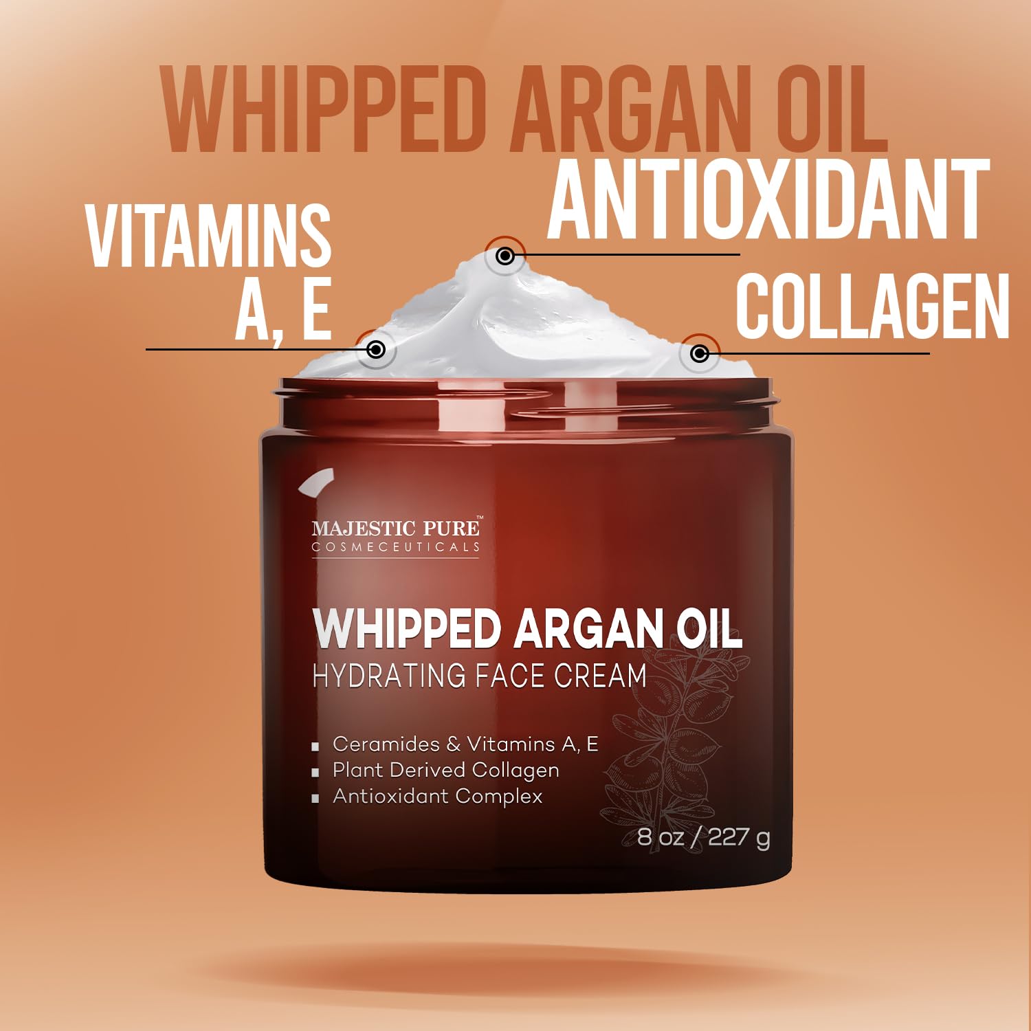 Majestic Pure Whipped Argan Oil Moisturizer Face Cream for Women & Men - With Vitamin E A, Collagen & Ceramides - Hydrates Dry Skin, Oily Skin, Reduces Appearance of Fine Lines – 8oz - Image 9