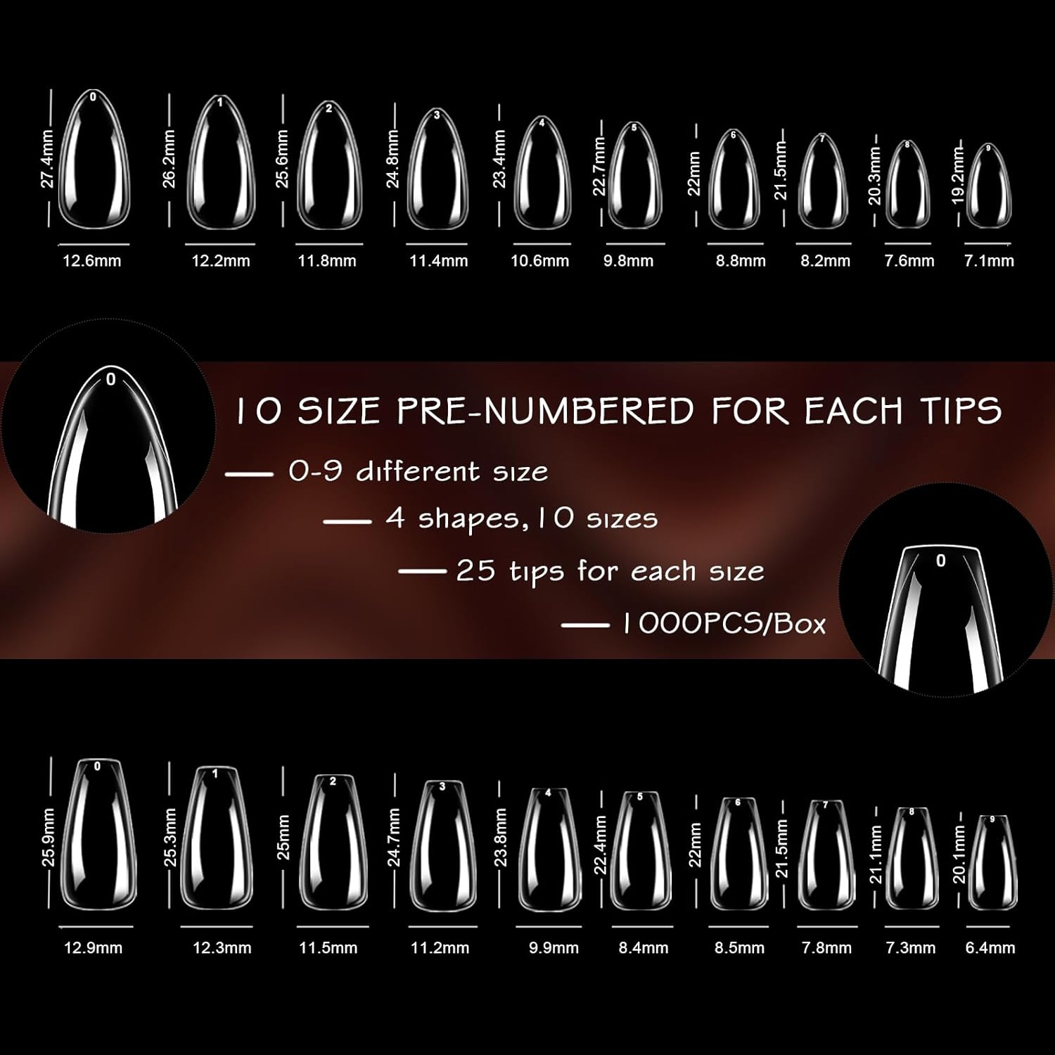 ELLEWIN 1000PCS Nail Tips Clear False Nails Full Cover for Acrylic Nails Kit 10 Sizes 4 Shapes Long Almond Square Coffin Oval Pre-Shape for Salon Home DIY Gifts - Image 6