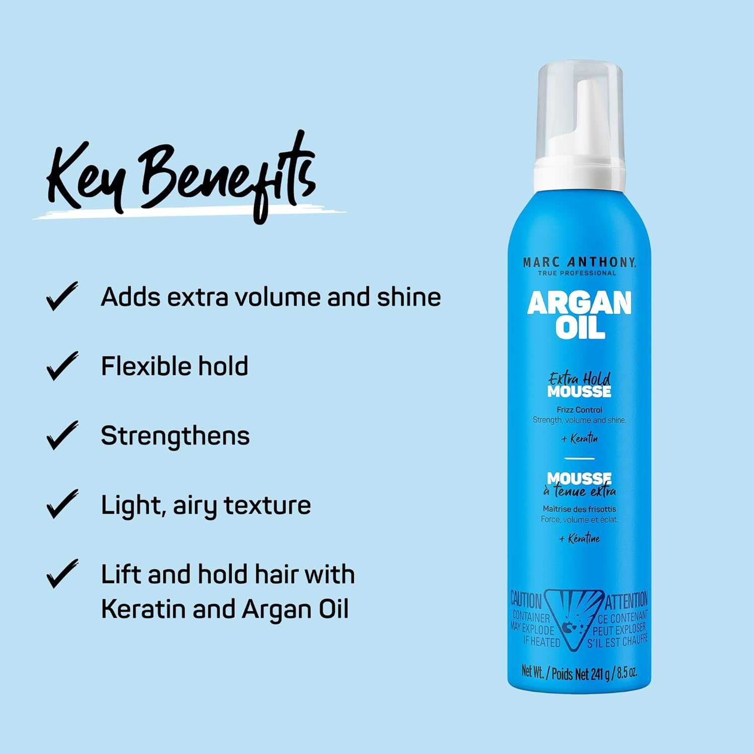 Marc Anthony Volumizing Hair Mousse, Extra Hold - Hair Styling Mousse Controls Frizz, Strengthens, Adds Volume & Shine - Nourishing Argan Oil of Morocco with Keratin - Lightweight for All Hair Types - Image 2