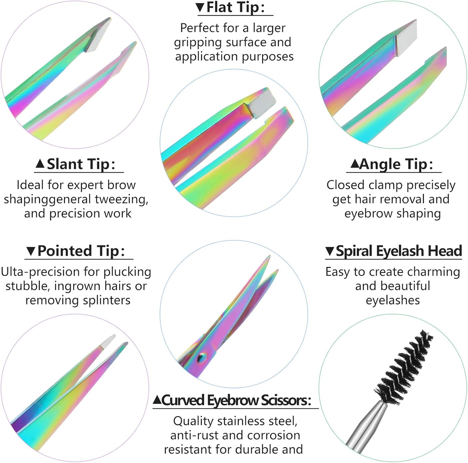 Honoson 6-Piece Rainbow Eyebrow Tweezers Set with Precision Scissors and Brush - Image 4